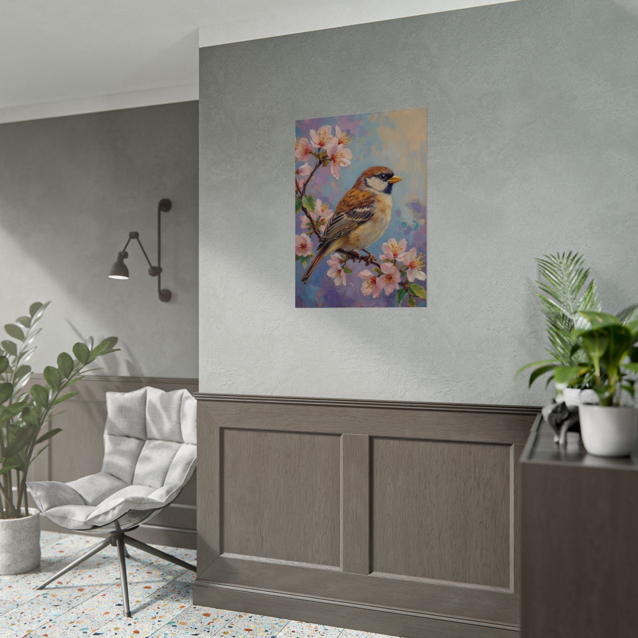 Bird on Blossom Rolled Poster — Spring Sparrow on Branch Wall Art Print