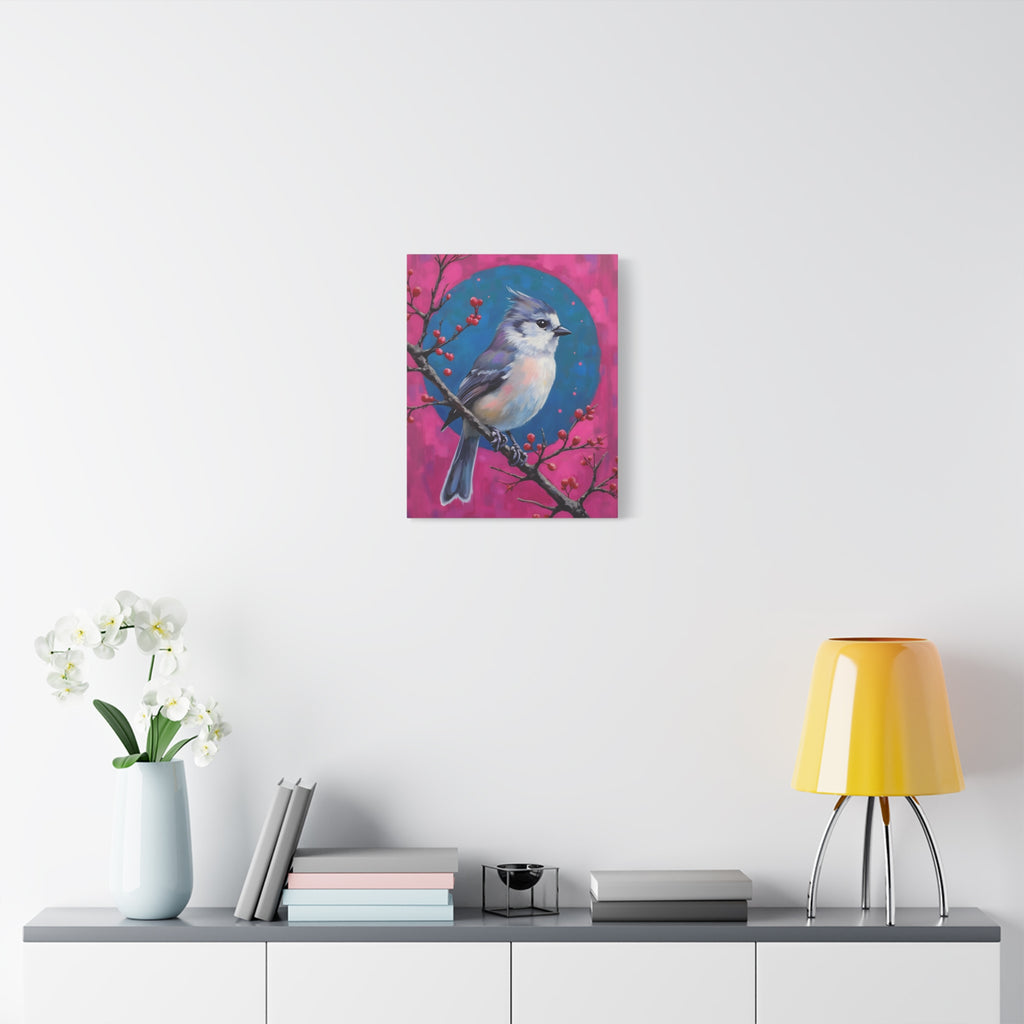 Blue jay on a holly branch Wall Art - Stretched Canvas