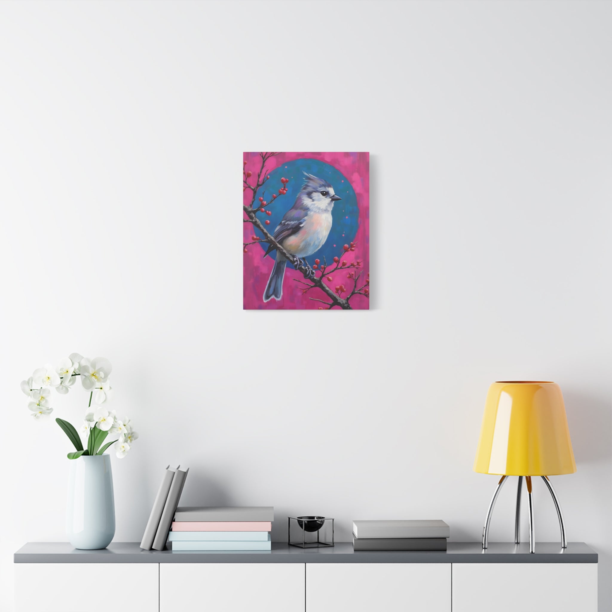 Blue jay on a holly branch Wall Art - Stretched Canvas