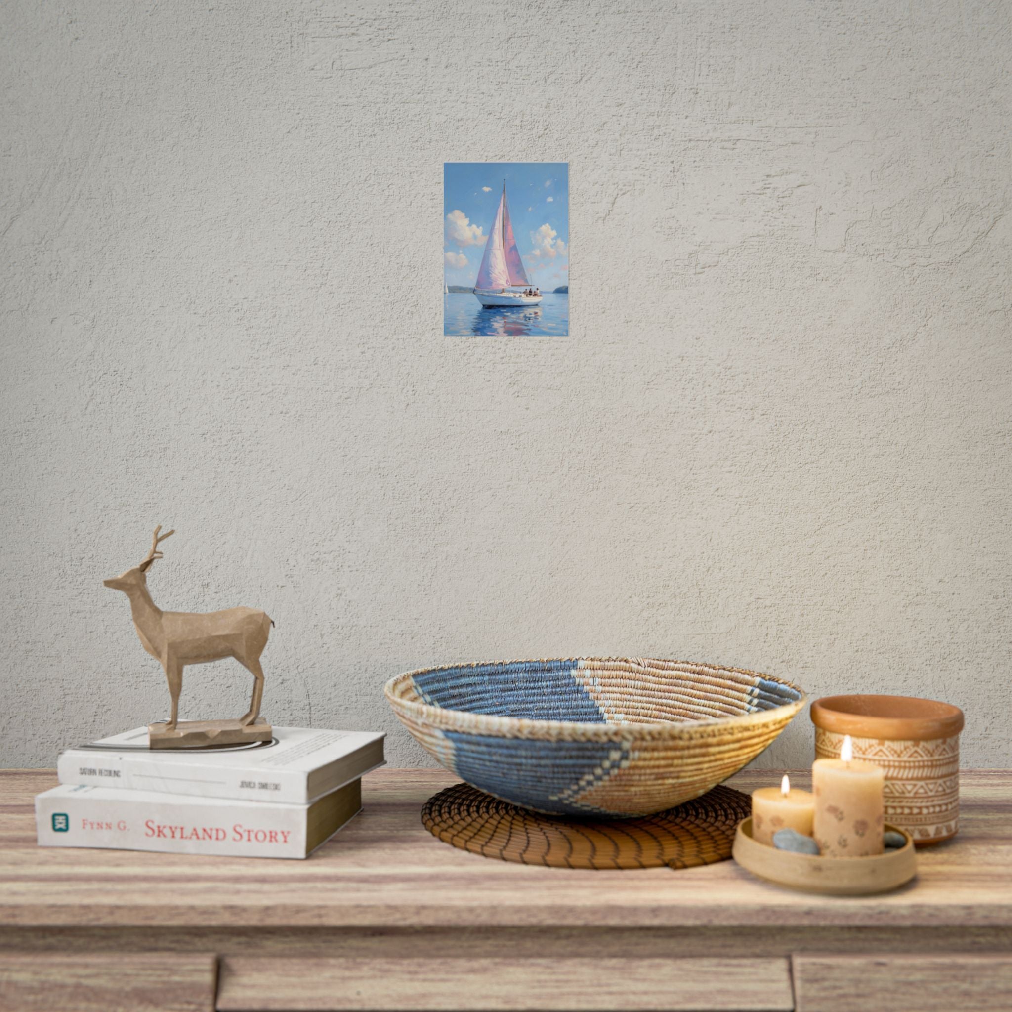 Sailing boat on calm water with pink accents - Poster