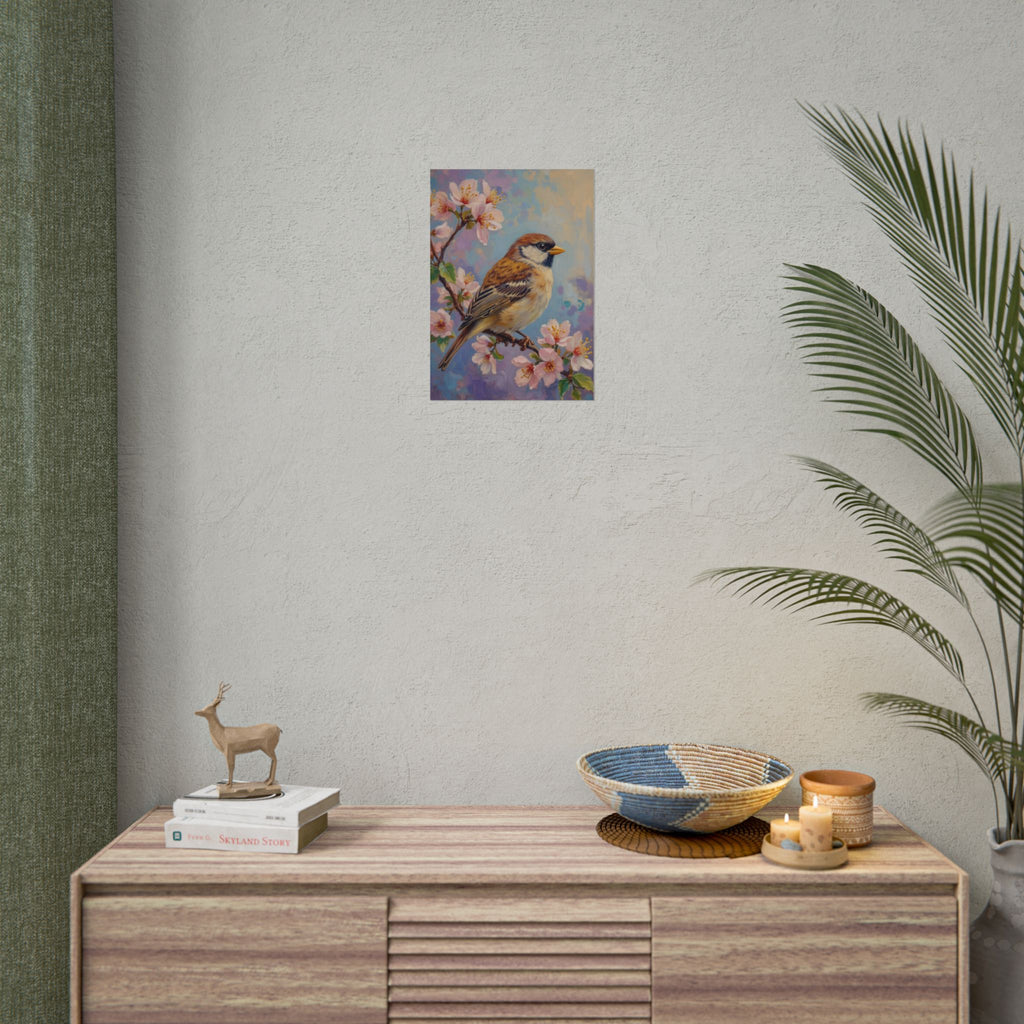 Bird on Blossom Rolled Poster — Spring Sparrow on Branch Wall Art Print