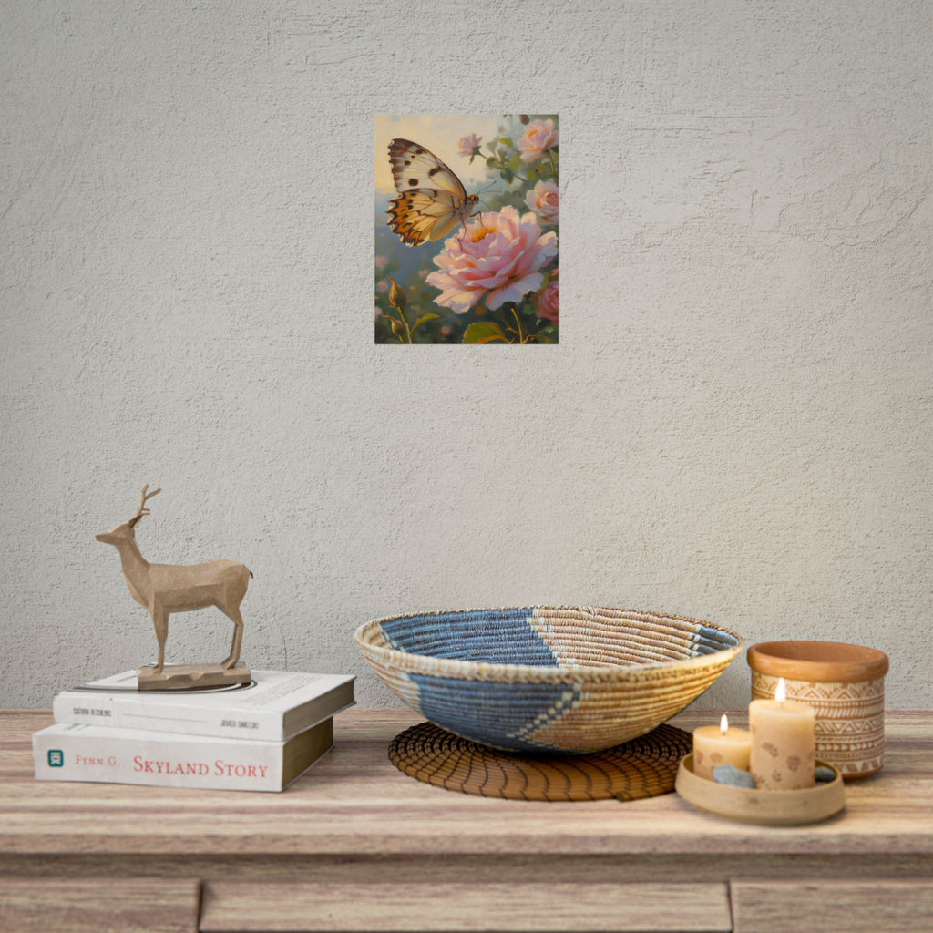 Butterfly on Pink Rose Wall Art - Poster