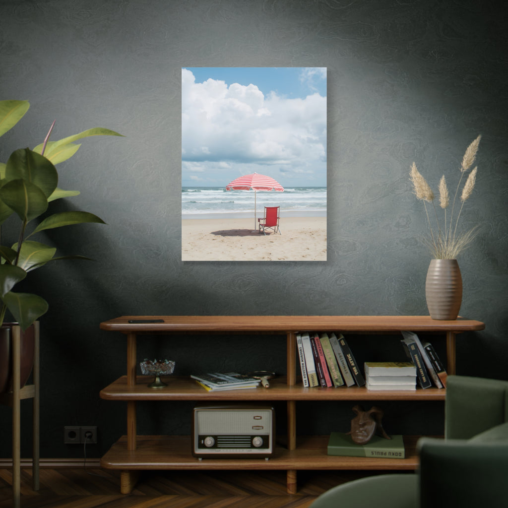 Sun-drenched beach memory with beach chair and umbrella Canvas Wall Art - Stretched Canvas