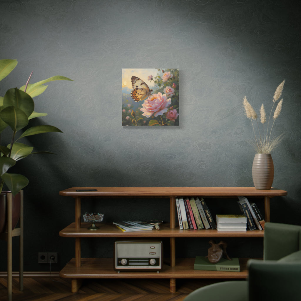 Butterfly on Pink Rose Wall Art - Stretched Canvas