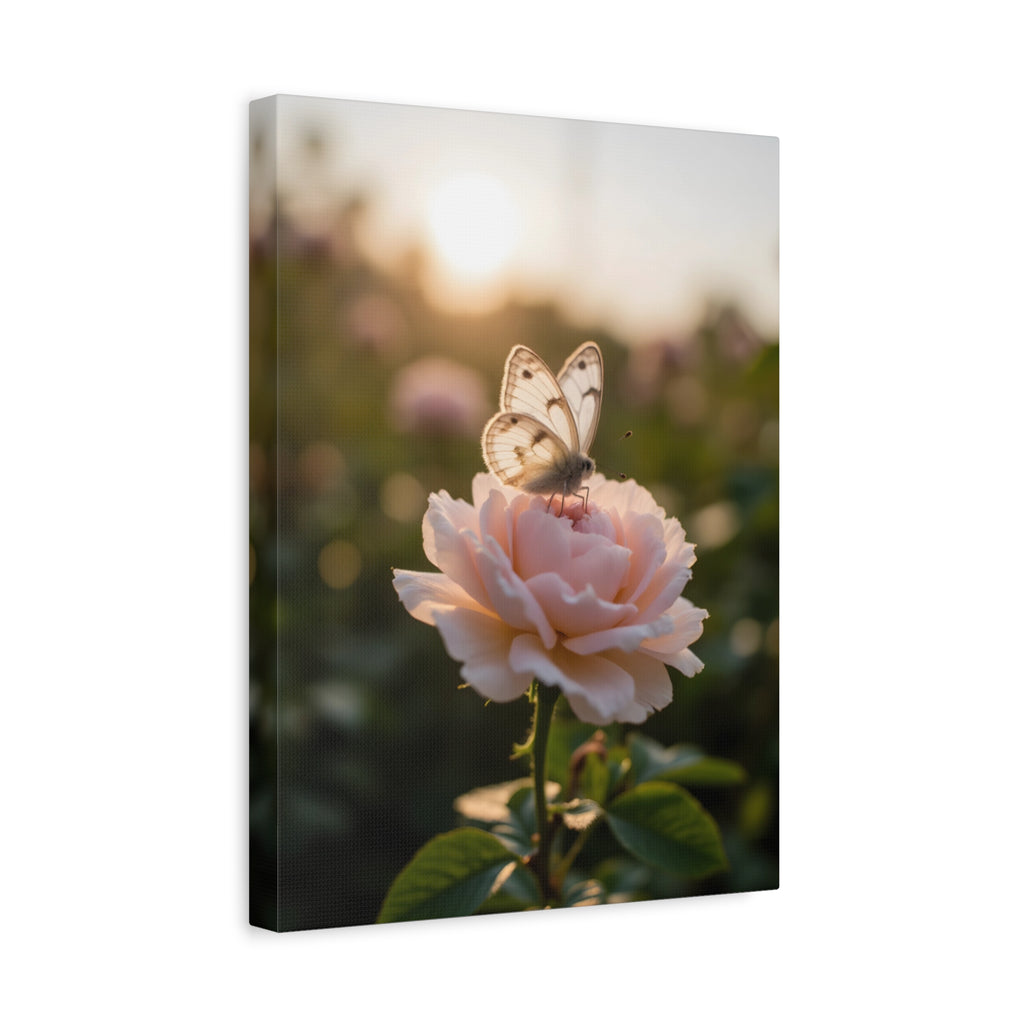 Butterfly on Pink Rose Wall Art - Stretched Canvas