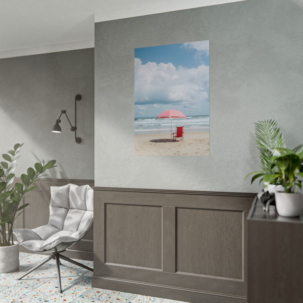 Sun-drenched beach memory with beach chair and umbrella - Poster
