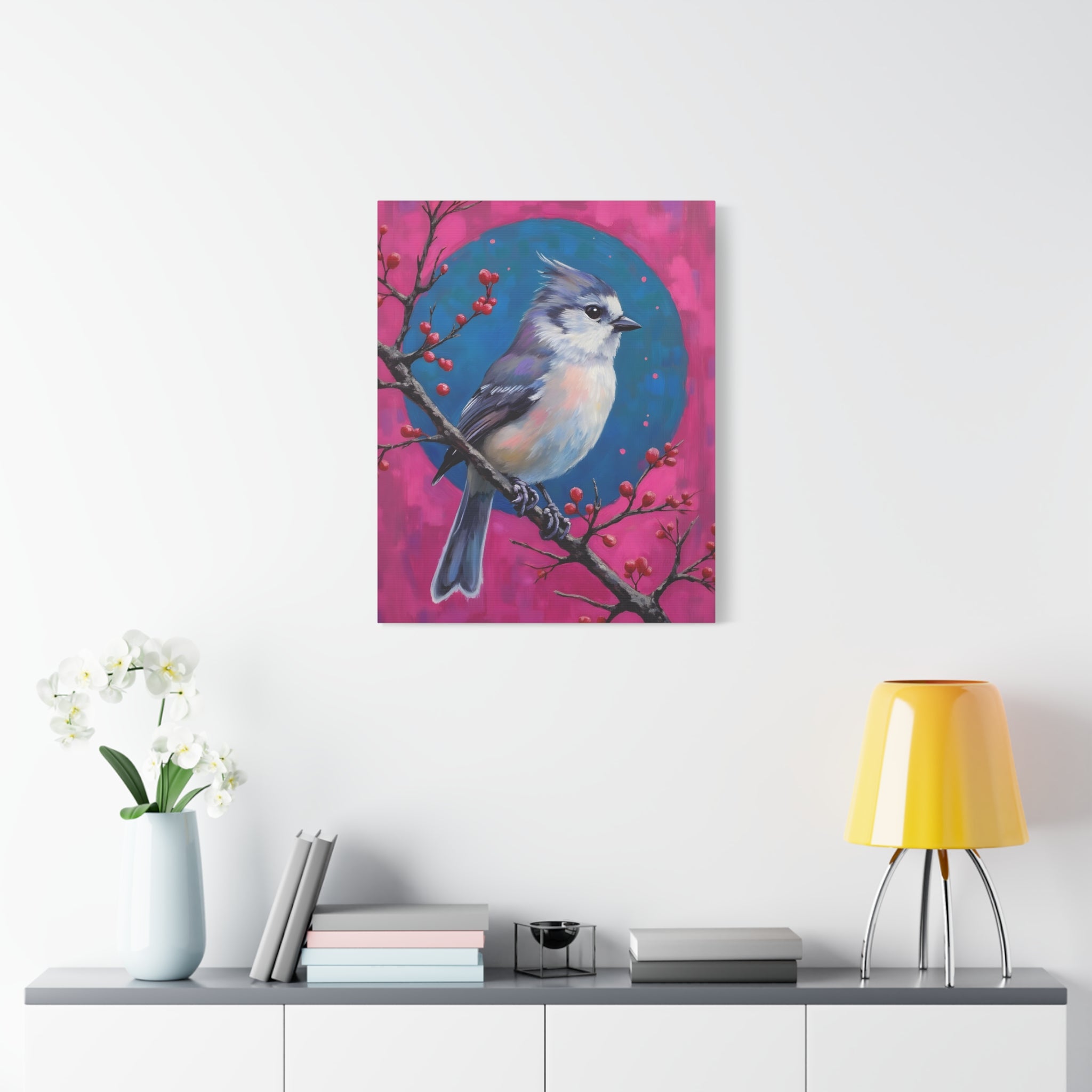 Blue jay on a holly branch Wall Art - Stretched Canvas