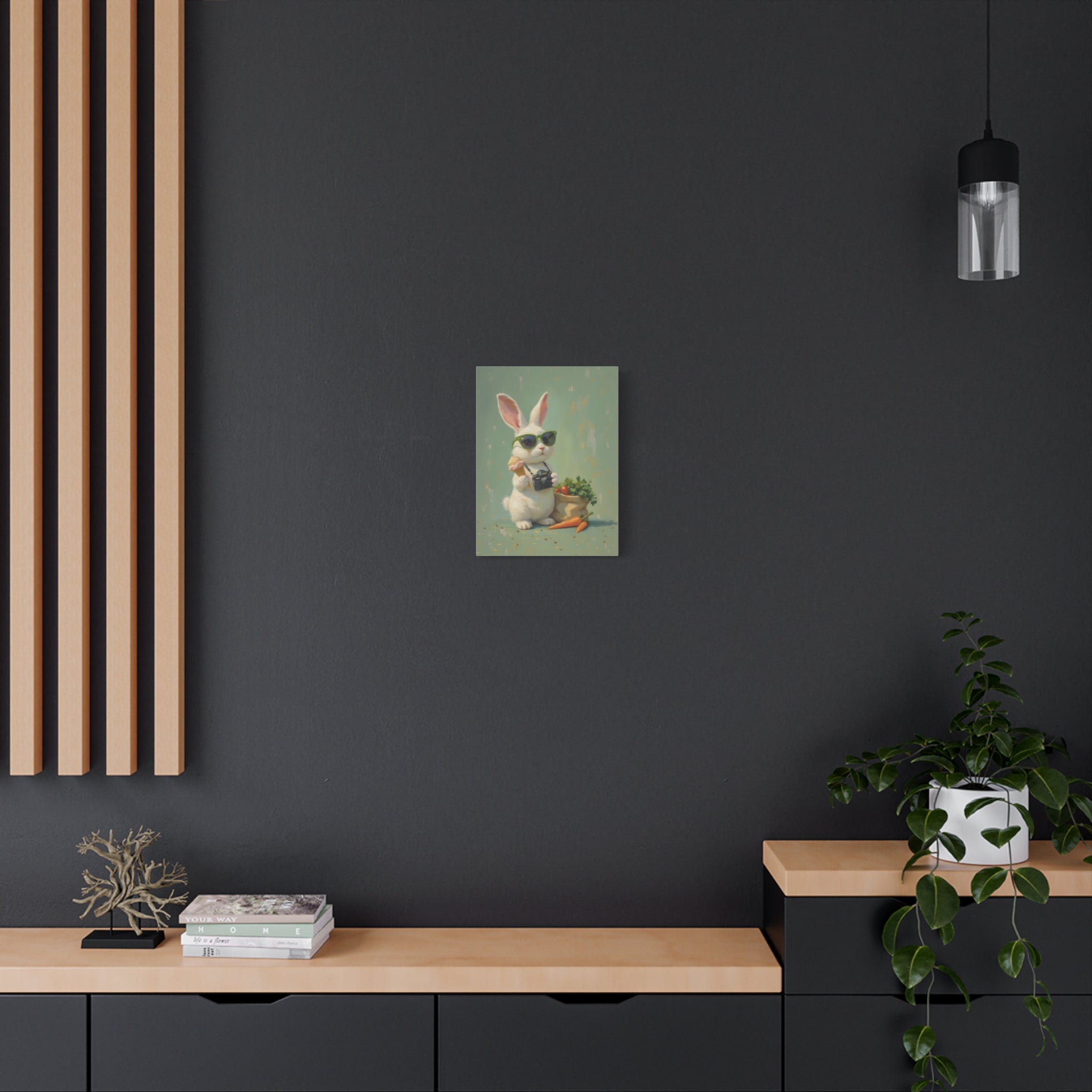 Green Bunny Canvas Wall Art — Photographer Bunny with Carrots & Ice Cream