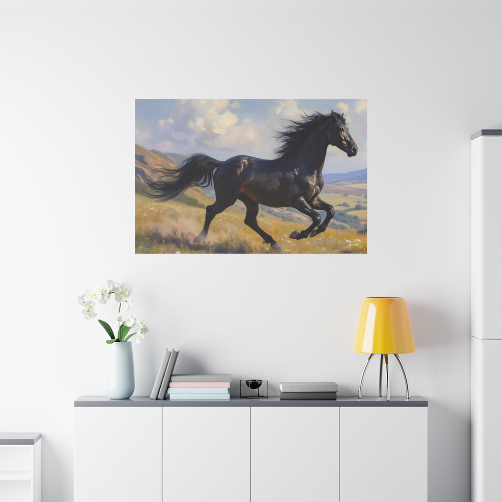 Running Black Stallion Wall Art - Horse Painting - Stretched Canvas