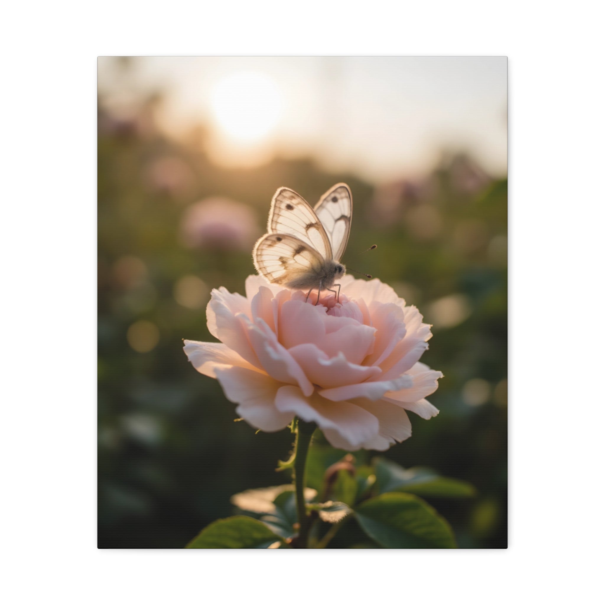 Butterfly on Pink Rose Wall Art - Stretched Canvas