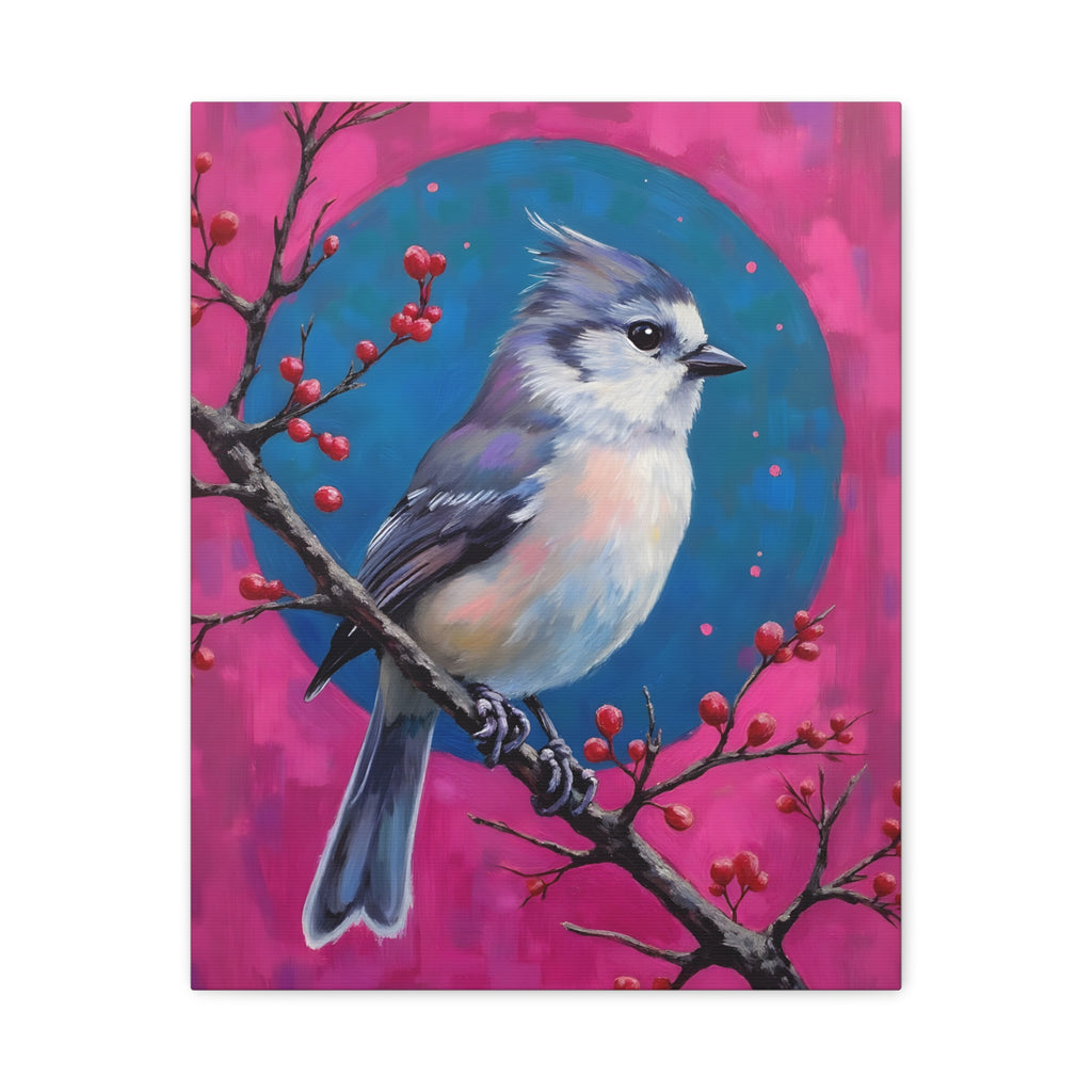 Blue jay on a holly branch Wall Art - Stretched Canvas