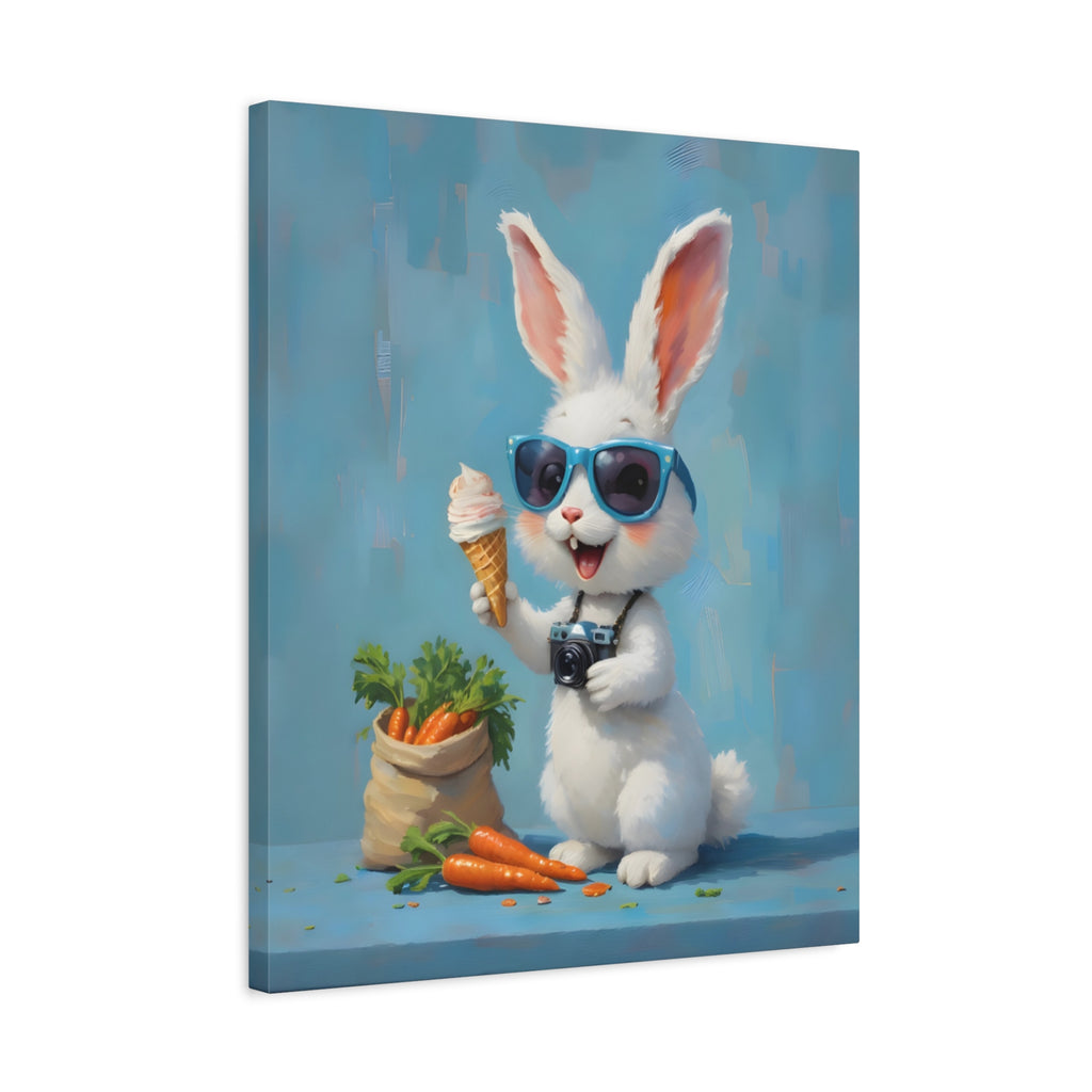 Blue Bunny Canvas Print — Cute Rabbit with Sunglasses & Ice Cream Matte Wall Art