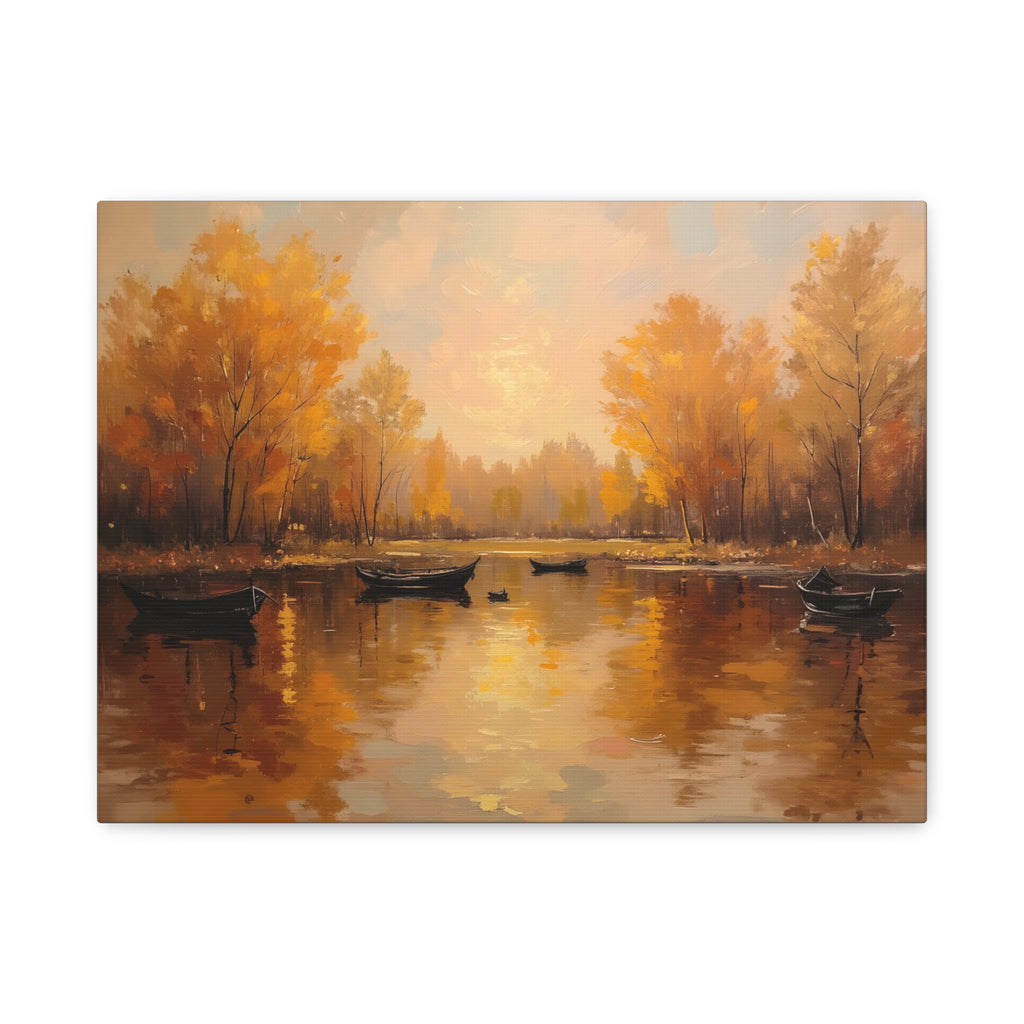 Autumn at the lake with rowboats Wall Art - Stretched Canvas