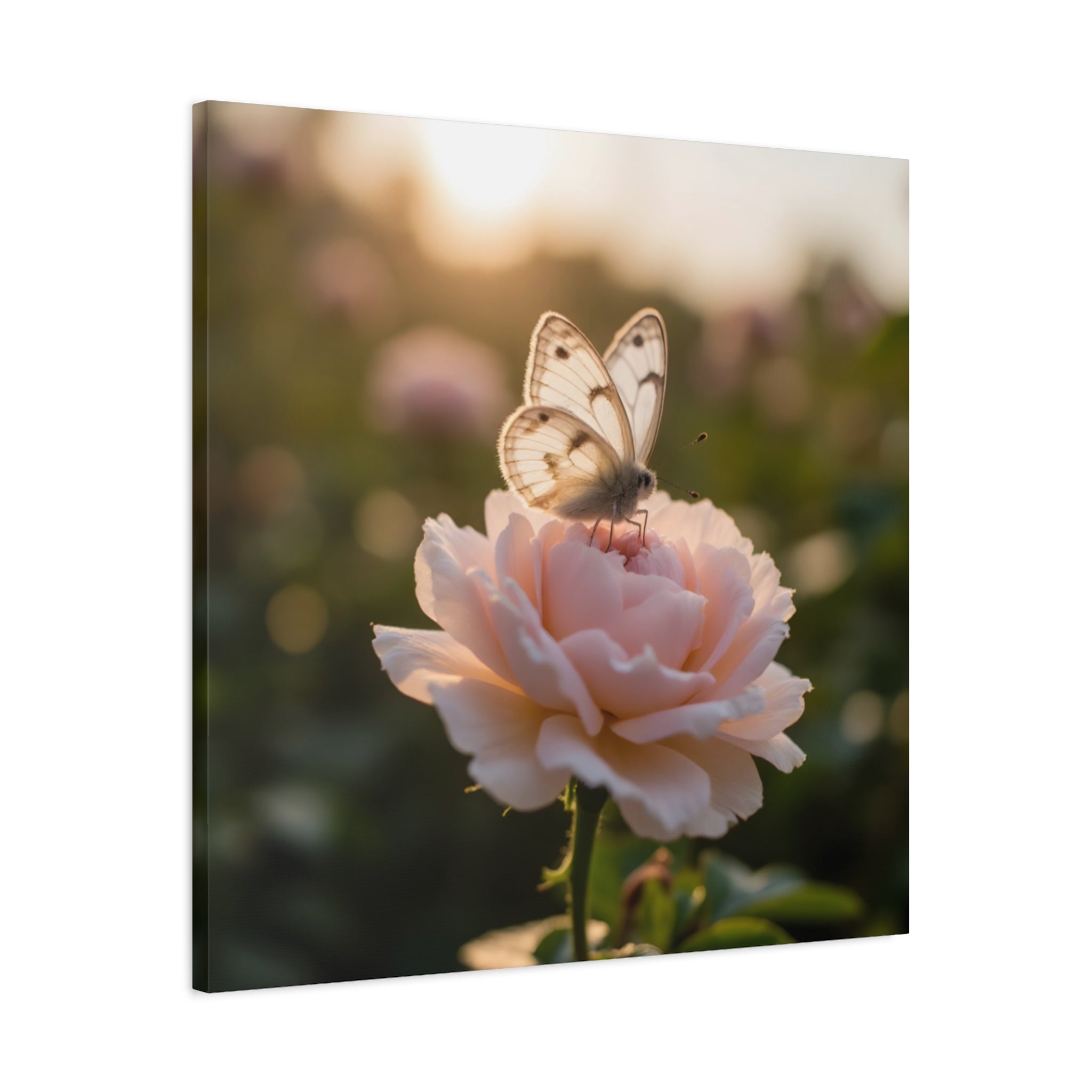 Butterfly on Pink Rose Wall Art - Stretched Canvas