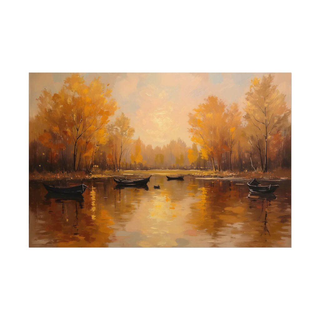 Autumn at the lake with rowboats - Poster