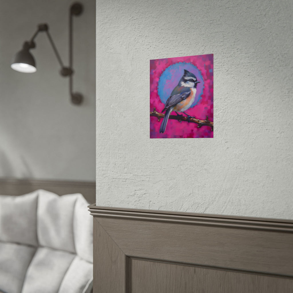 Colorful Songbird Poster — Blue Jay Art Print on Vibrant Pink Background