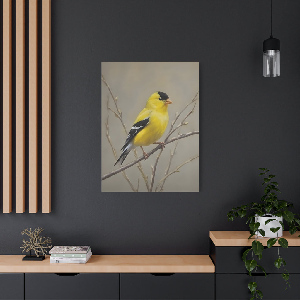 Goldfinch Wall Art Canvas — Yellow Songbird Painting on Branch, Matte Stretched Canvas