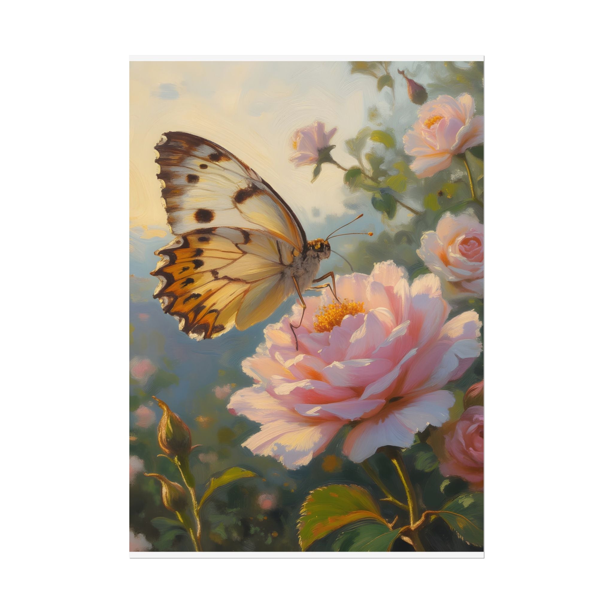 Butterfly on Pink Rose Wall Art - Poster