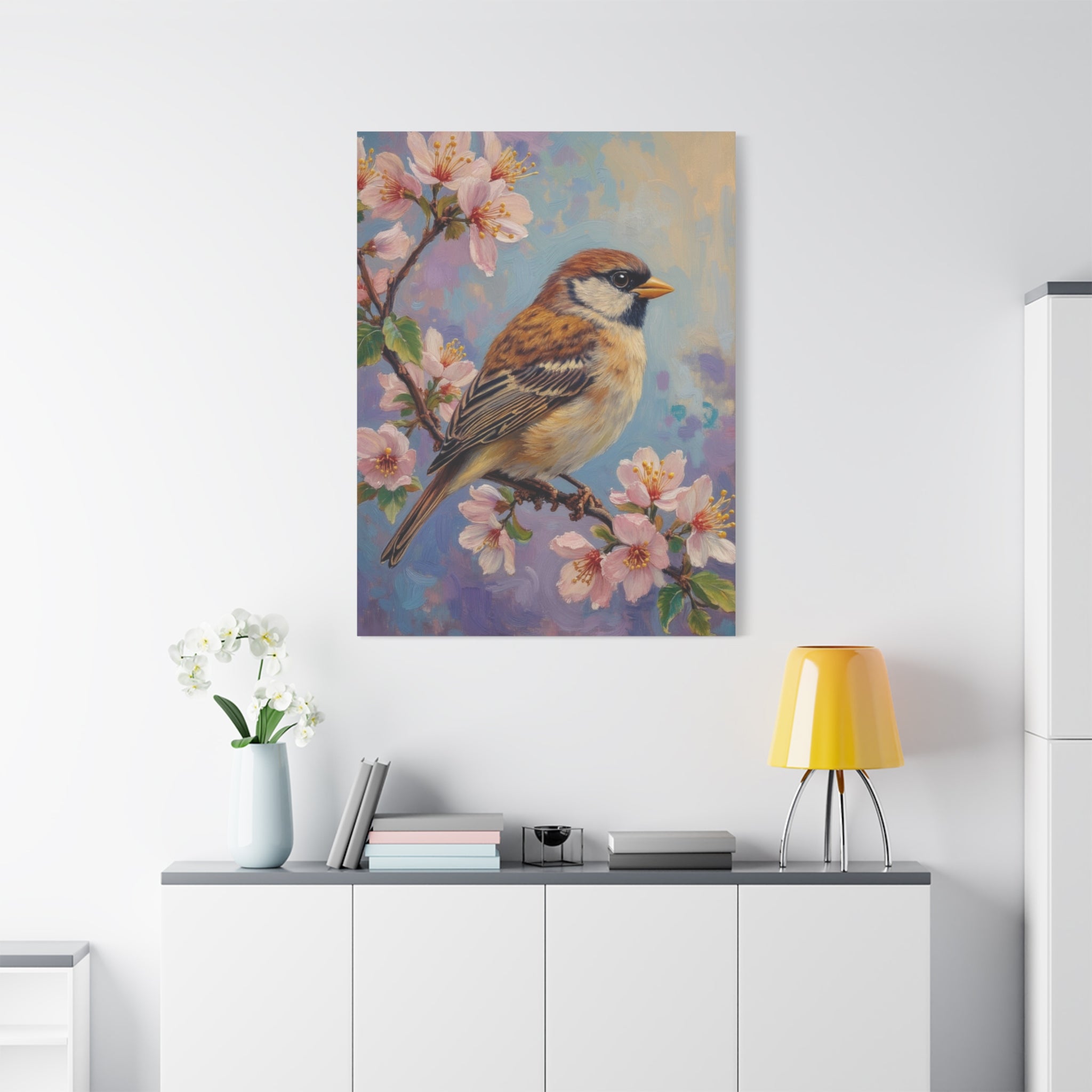 Sparrow on Cherry Blossoms Matte Stretched Canvas