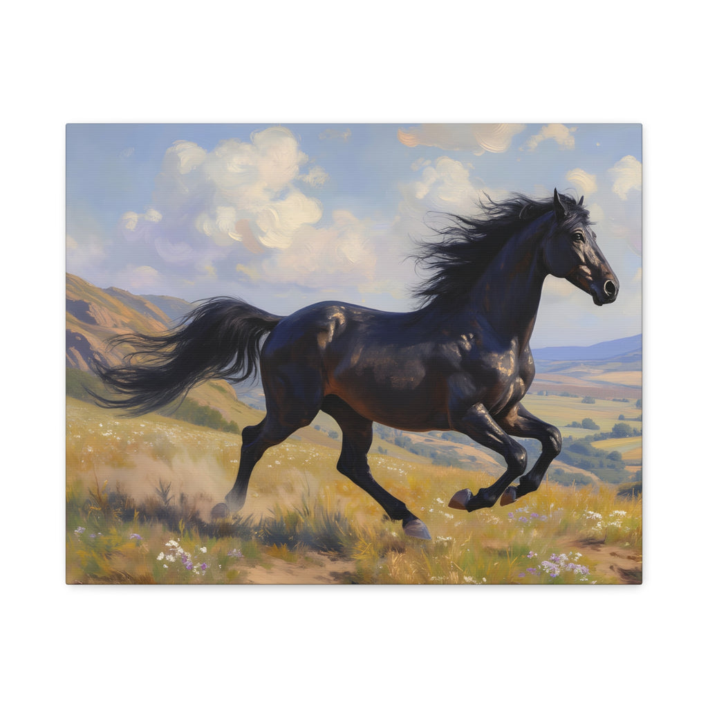 Running Black Stallion Wall Art - Horse Painting - Stretched Canvas