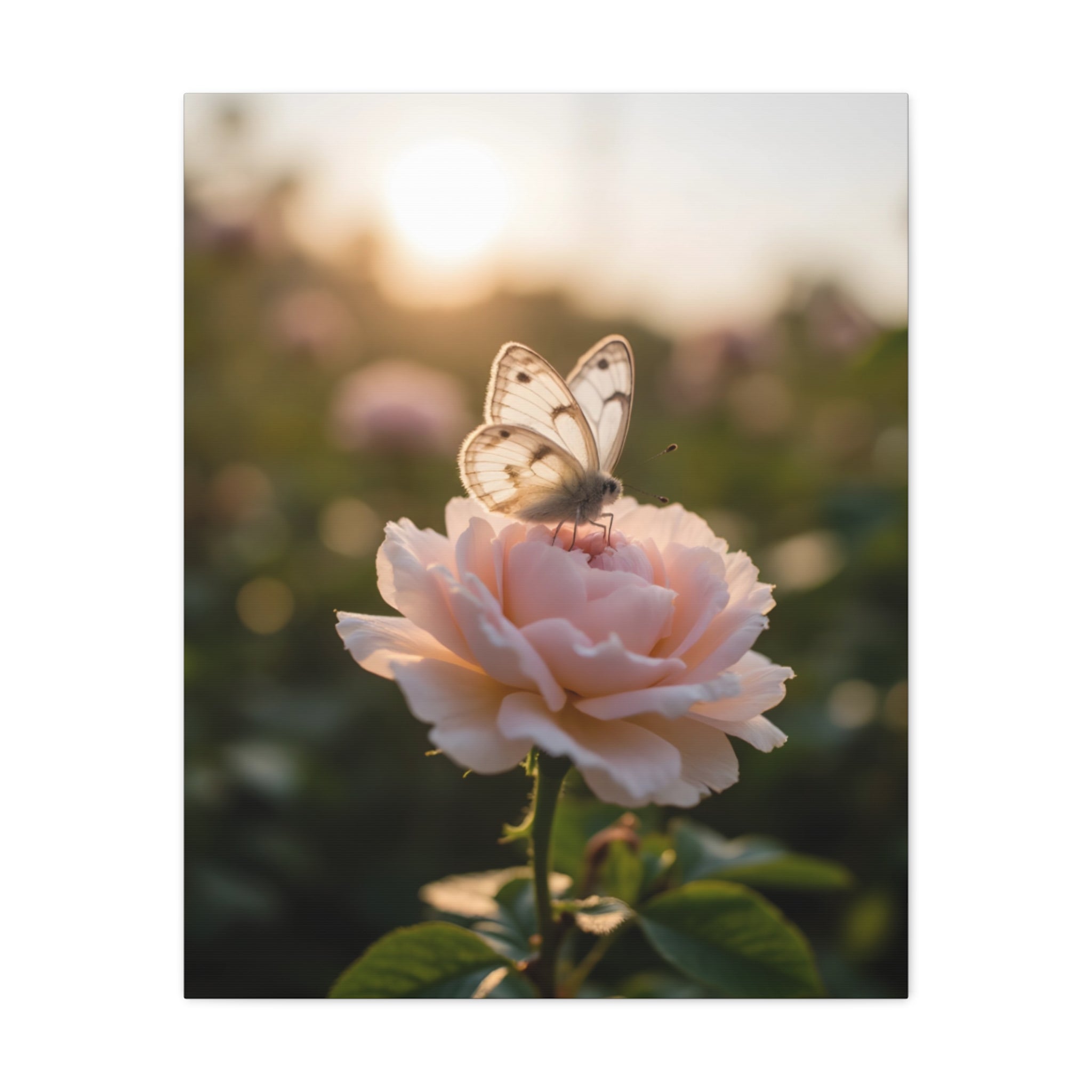 Butterfly on Pink Rose Wall Art - Stretched Canvas