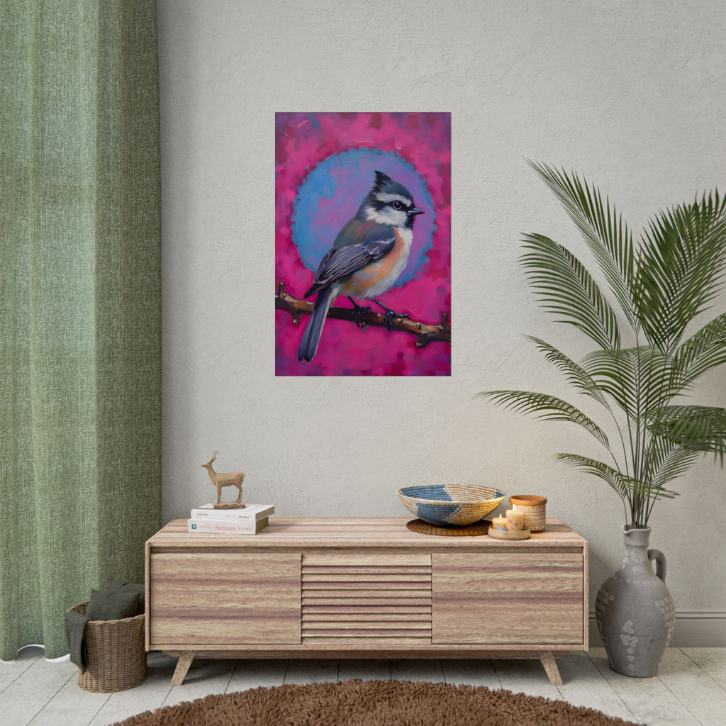 Colorful Songbird Poster — Blue Jay Art Print on Vibrant Pink Background