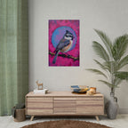 Colorful Songbird Poster — Blue Jay Art Print on Vibrant Pink Background