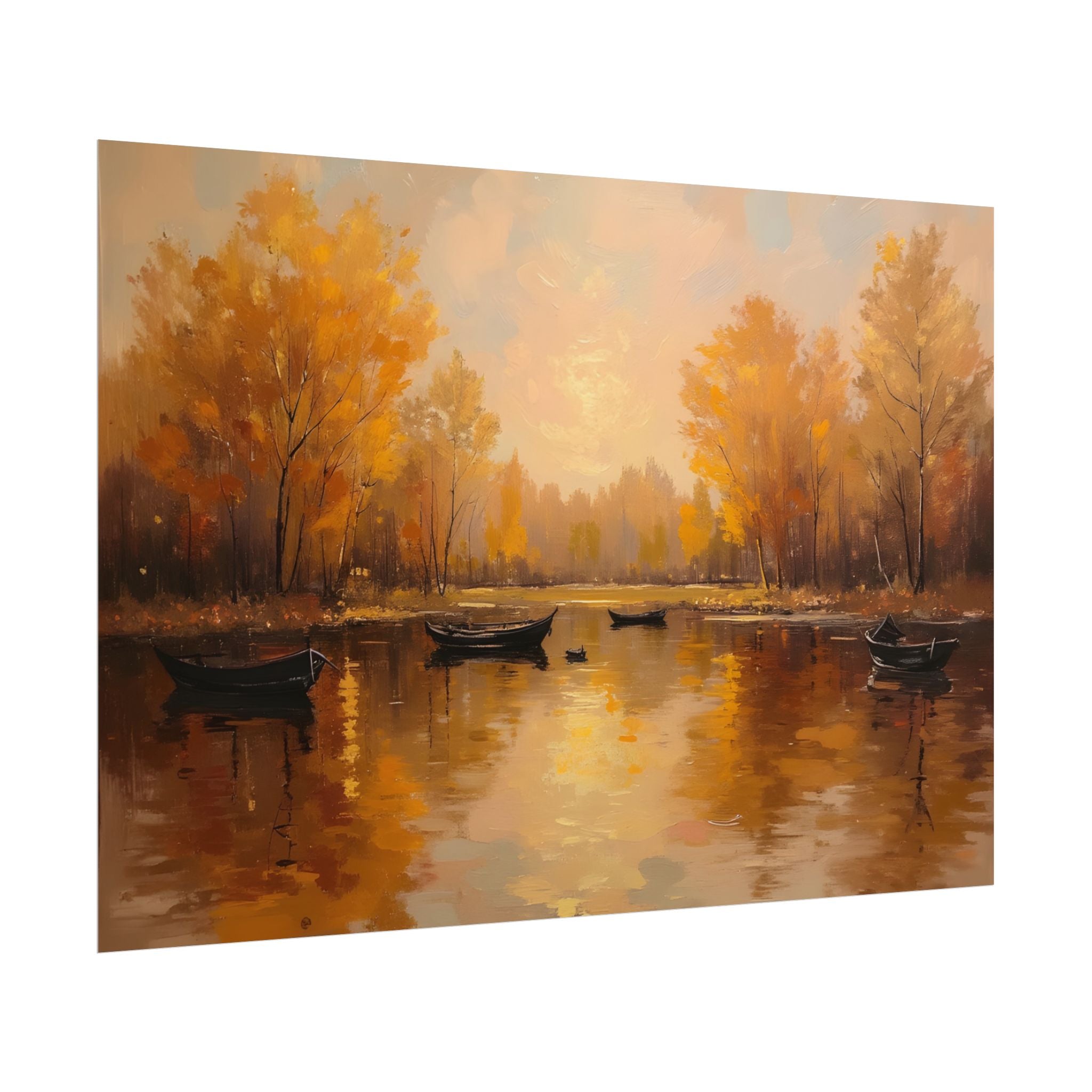 Autumn at the lake with rowboats - Poster