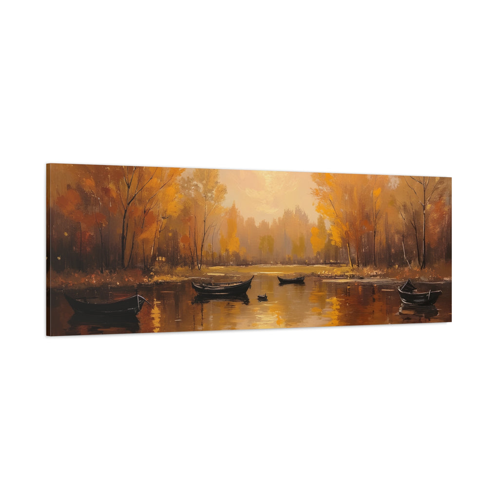 Autumn at the lake with rowboats Wall Art - Stretched Canvas