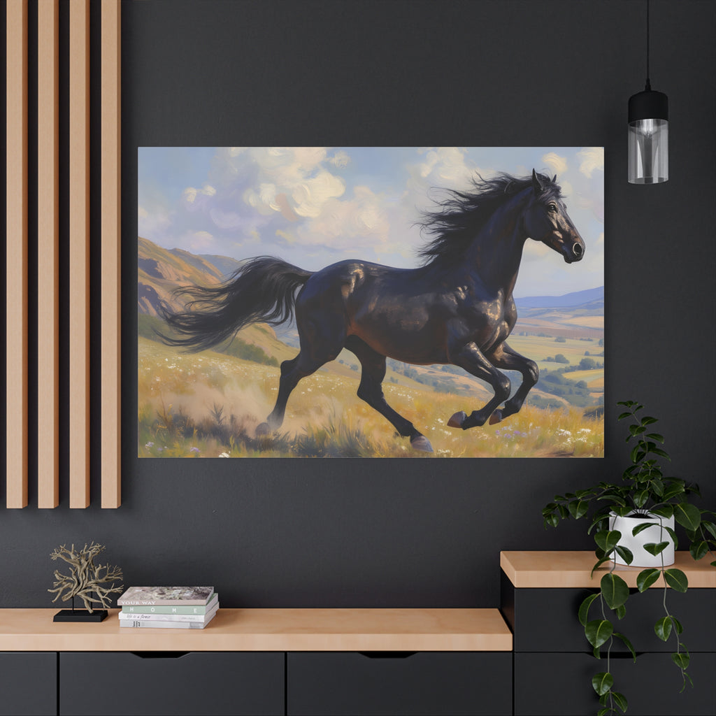 Running Black Stallion Wall Art - Horse Painting - Stretched Canvas