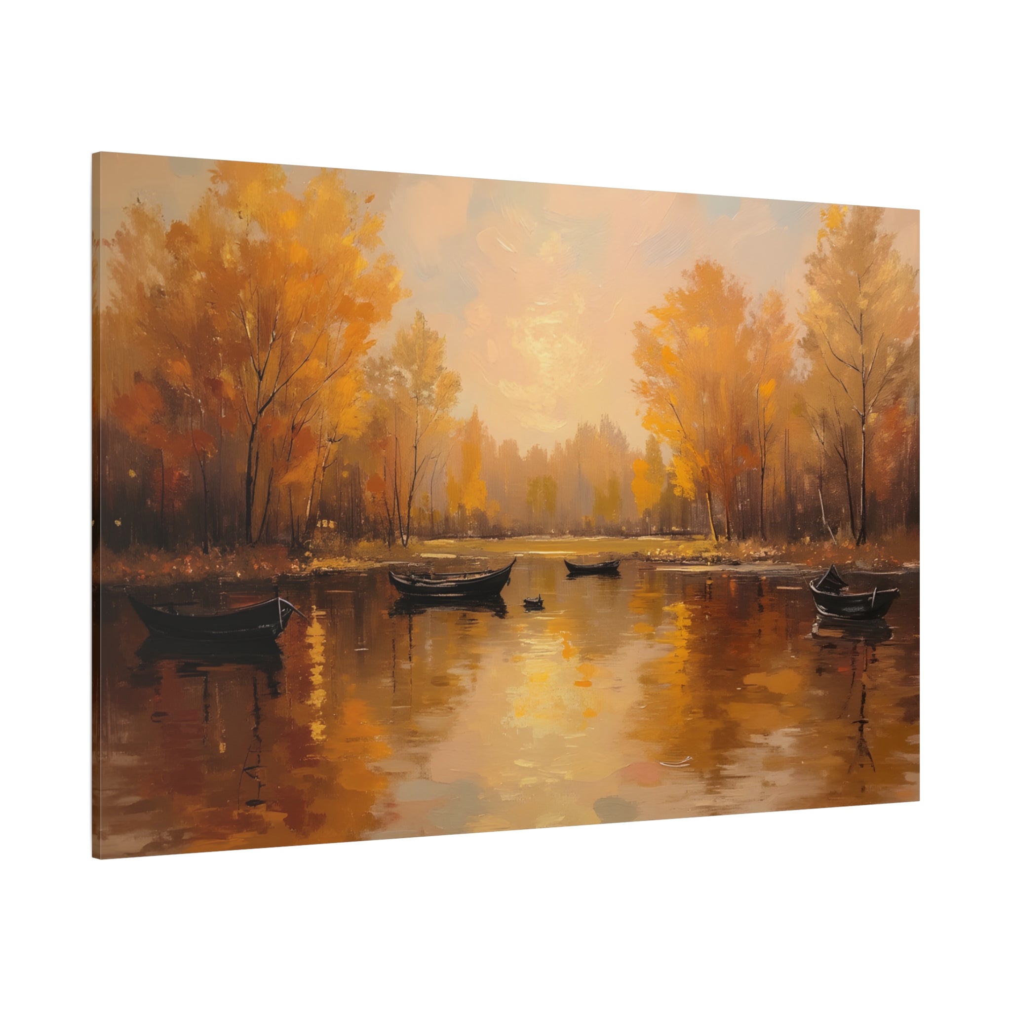 Autumn at the lake with rowboats Wall Art - Stretched Canvas