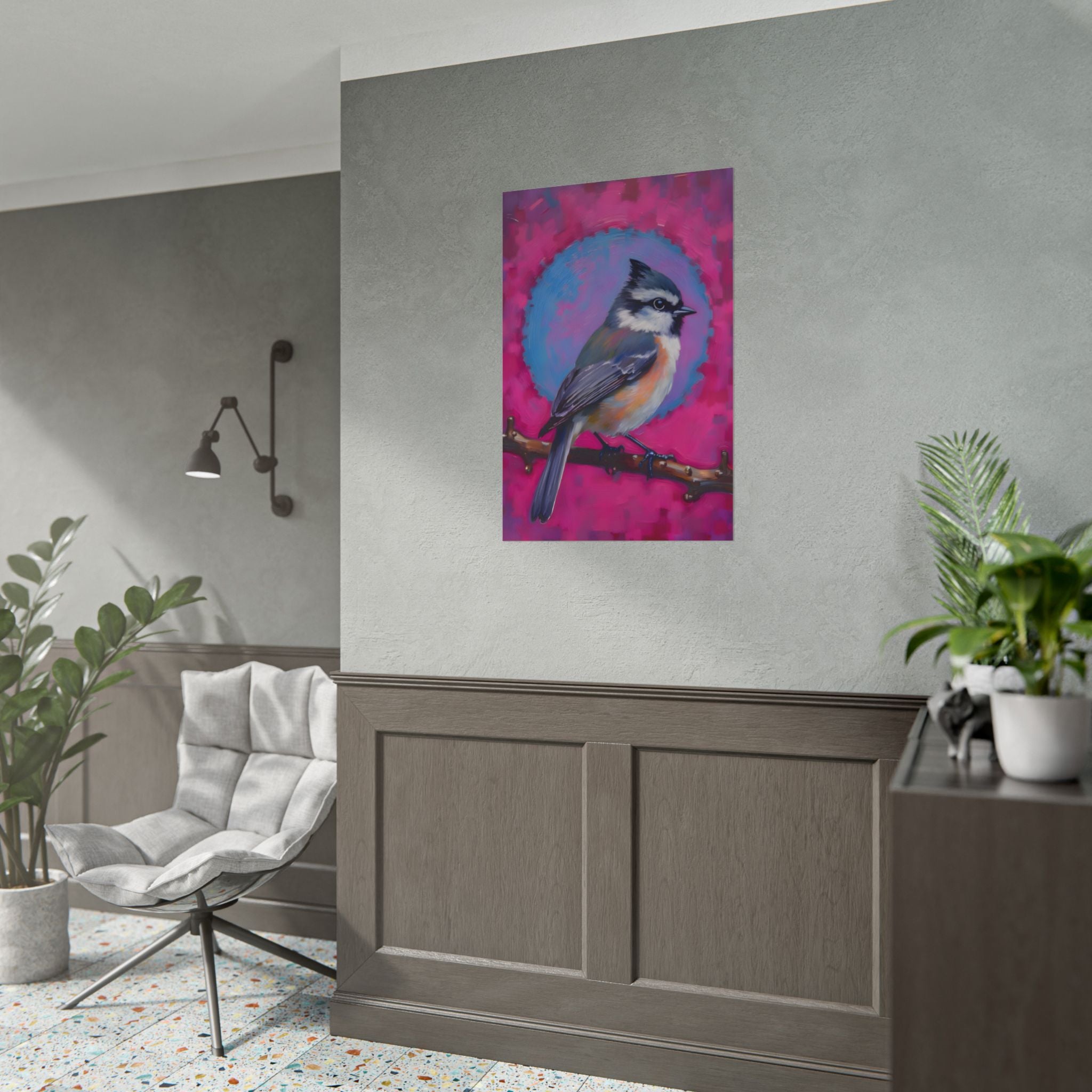 Colorful Songbird Poster — Blue Jay Art Print on Vibrant Pink Background
