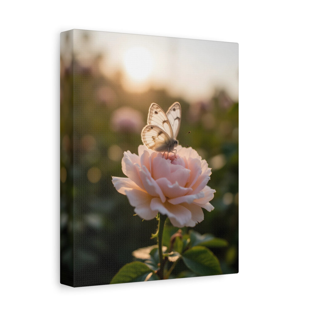 Butterfly on Pink Rose Wall Art - Stretched Canvas