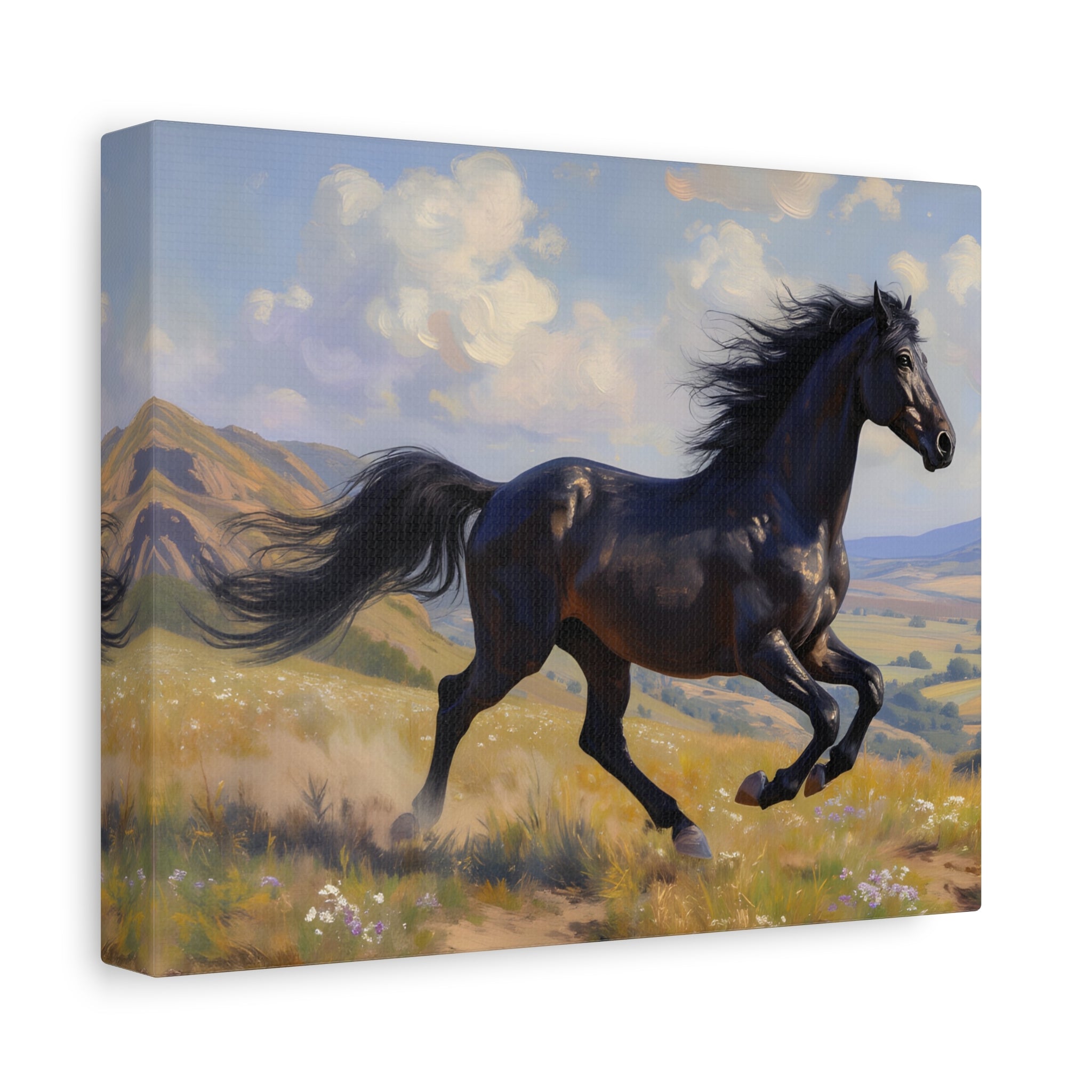 Running Black Stallion Wall Art - Horse Painting - Stretched Canvas