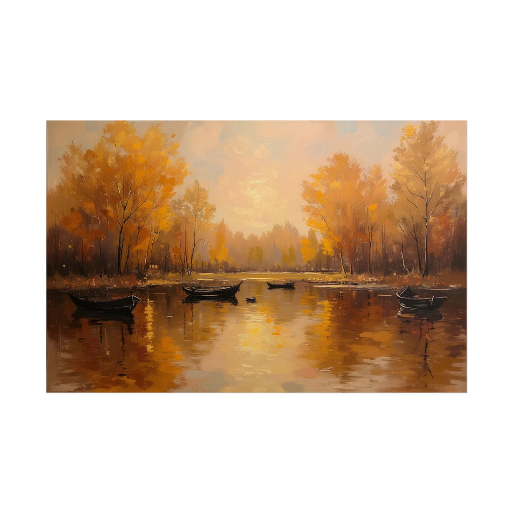 Autumn at the lake with rowboats - Poster