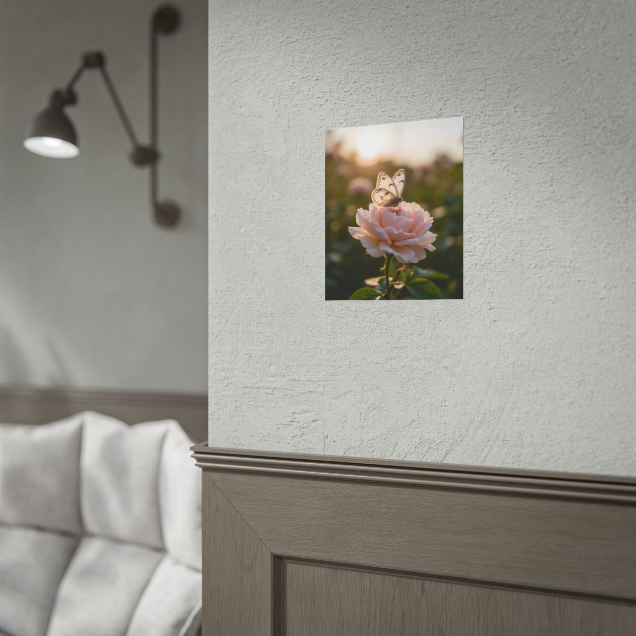 Butterfly on Pink Rose Wall Art - Poster