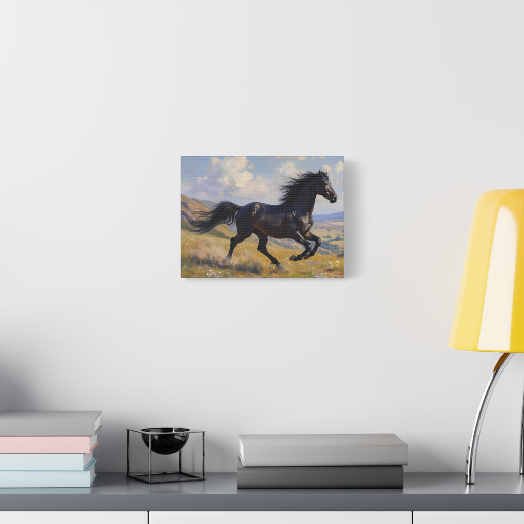 Running Black Stallion Wall Art - Horse Painting - Stretched Canvas