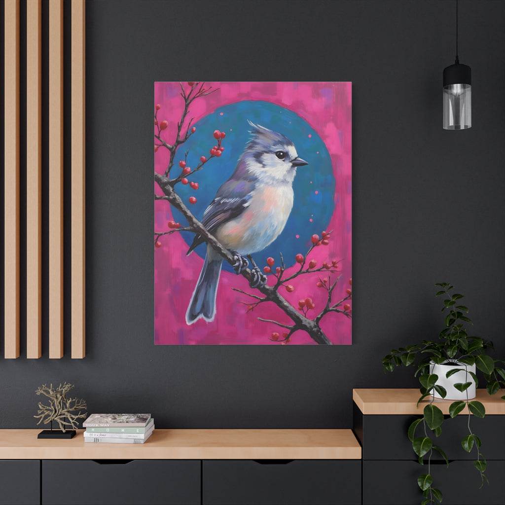 Blue jay on a holly branch Wall Art - Stretched Canvas