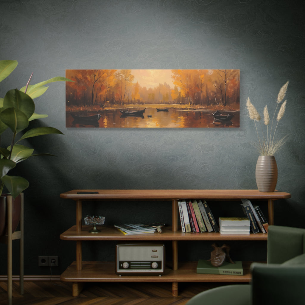 Autumn at the lake with rowboats Wall Art - Stretched Canvas