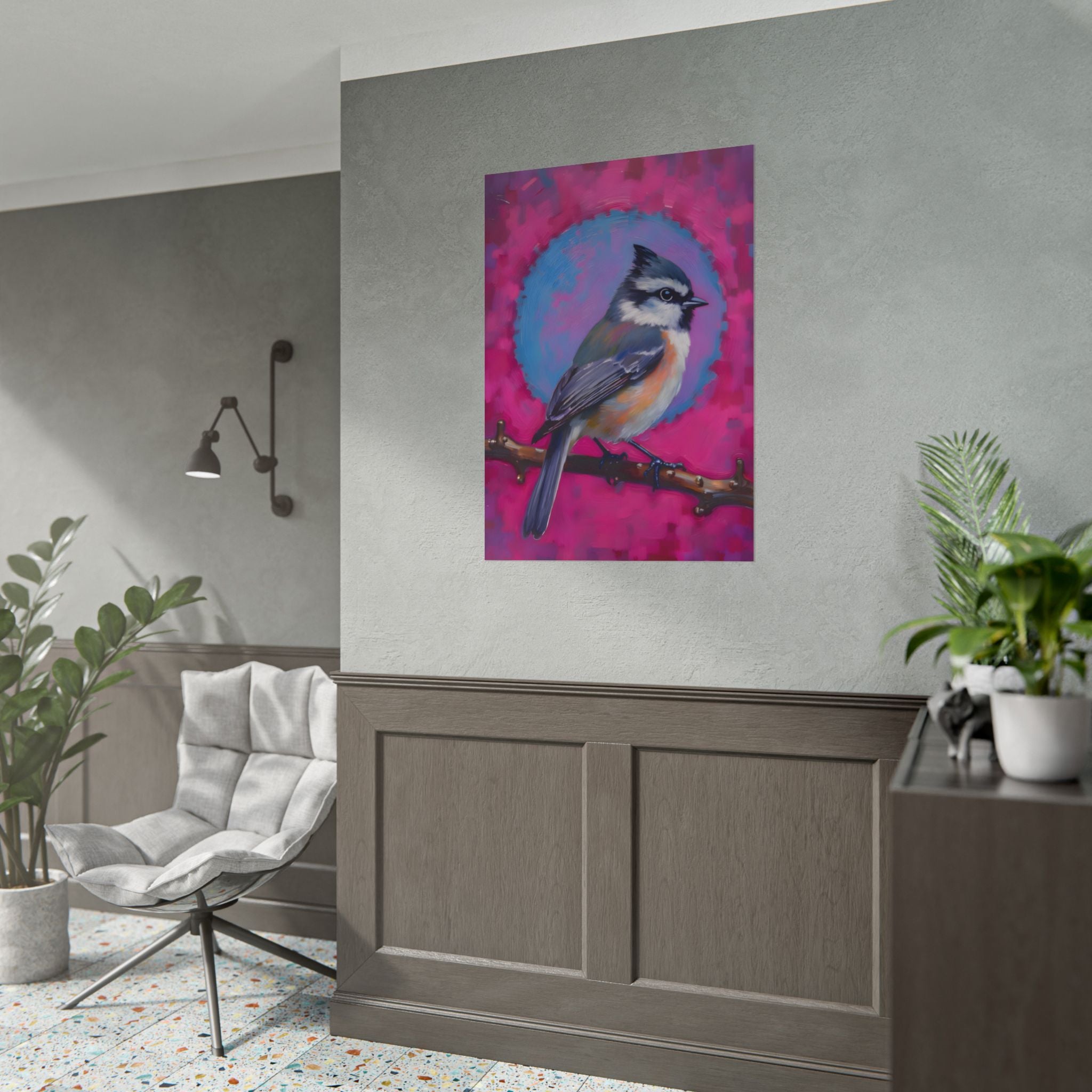 Colorful Songbird Poster — Blue Jay Art Print on Vibrant Pink Background