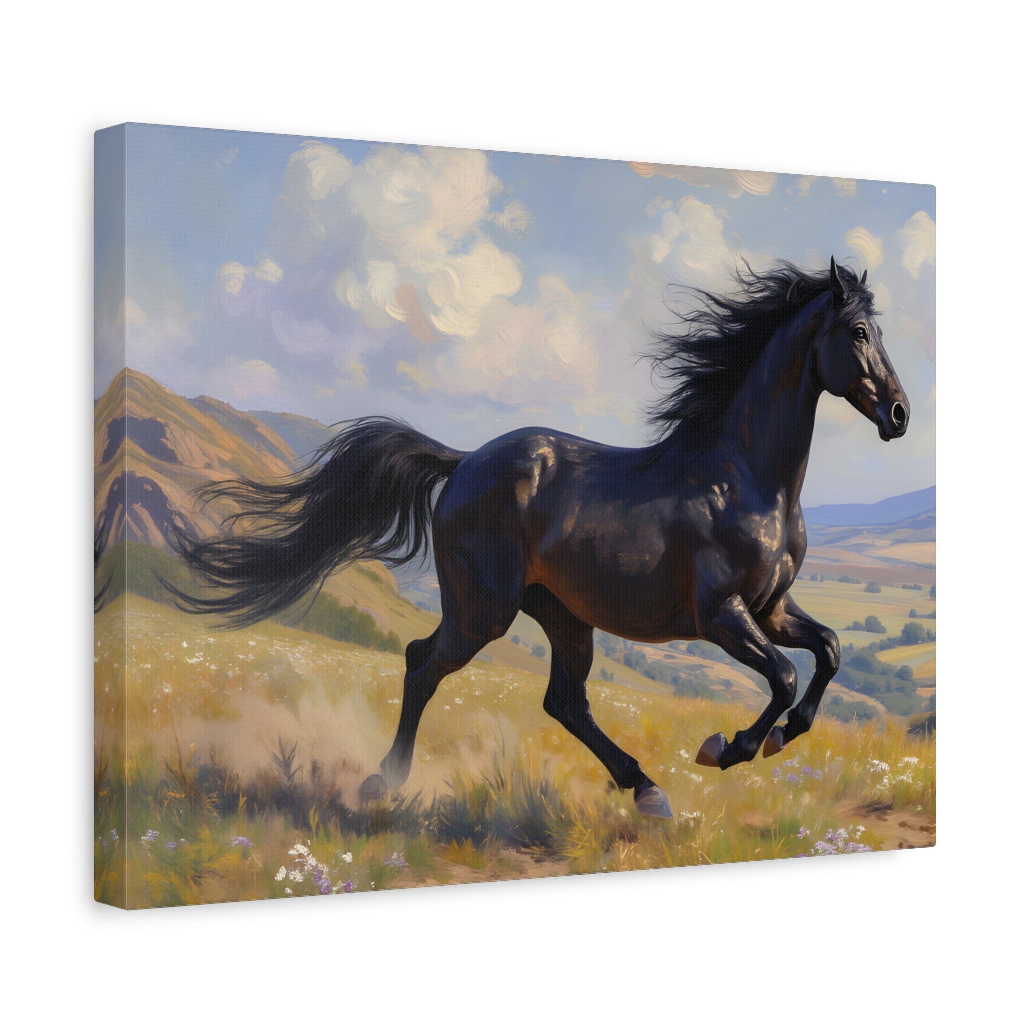 Running Black Stallion Wall Art - Horse Painting - Stretched Canvas