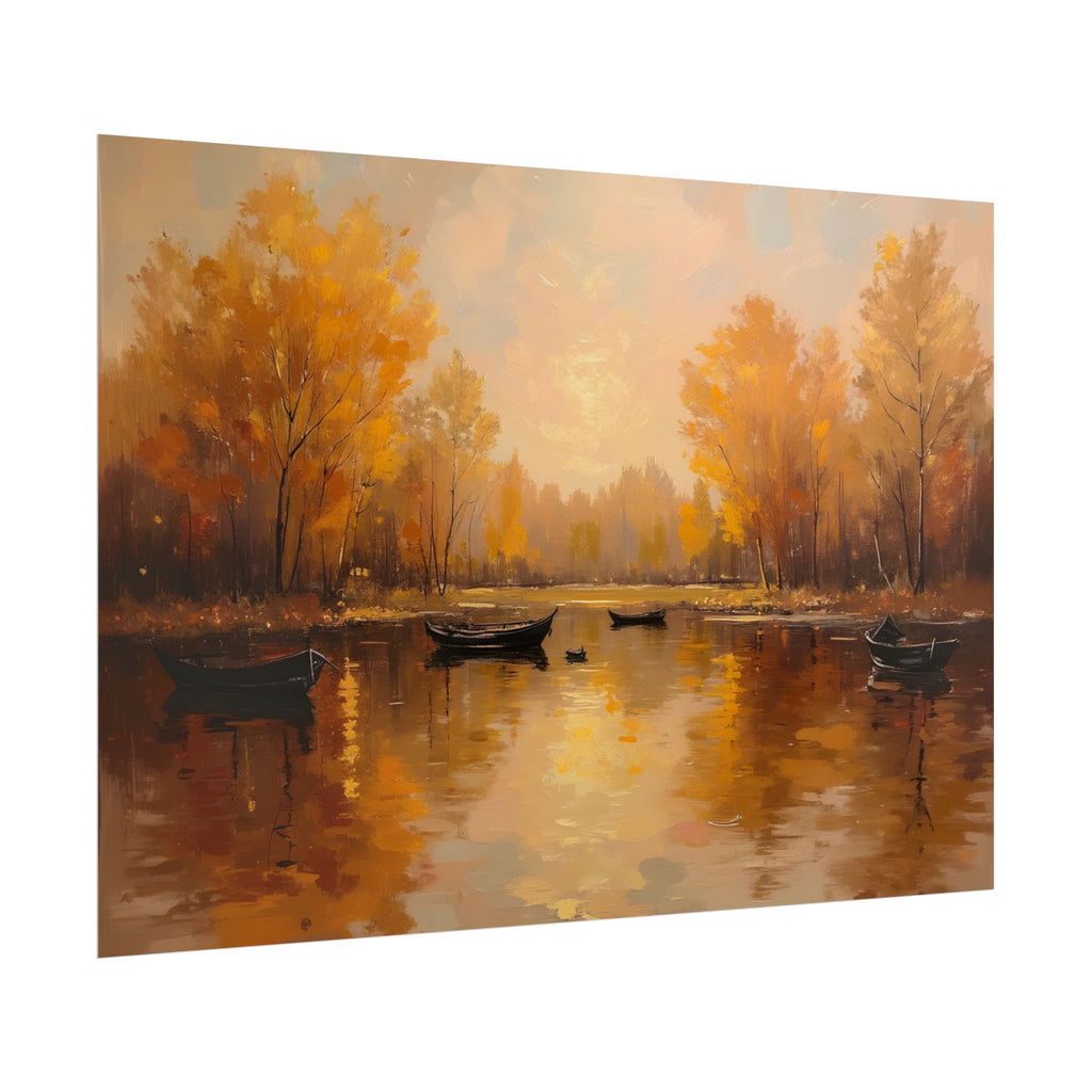 Autumn at the lake with rowboats - Poster