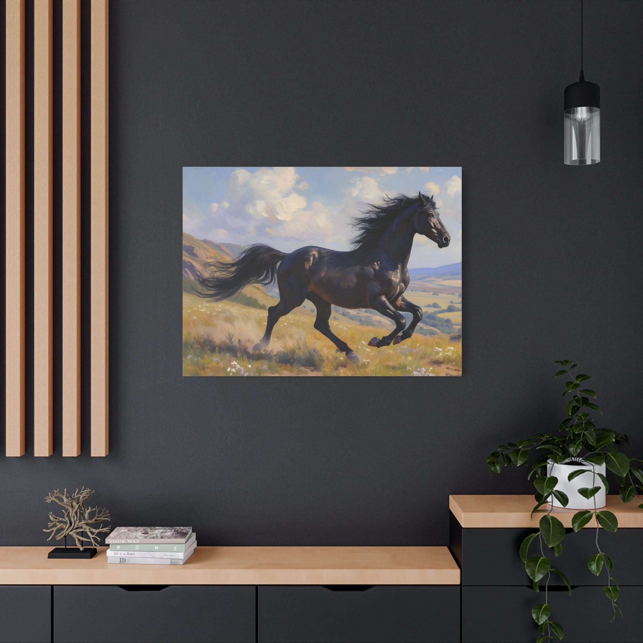 Running Black Stallion Wall Art - Horse Painting - Stretched Canvas