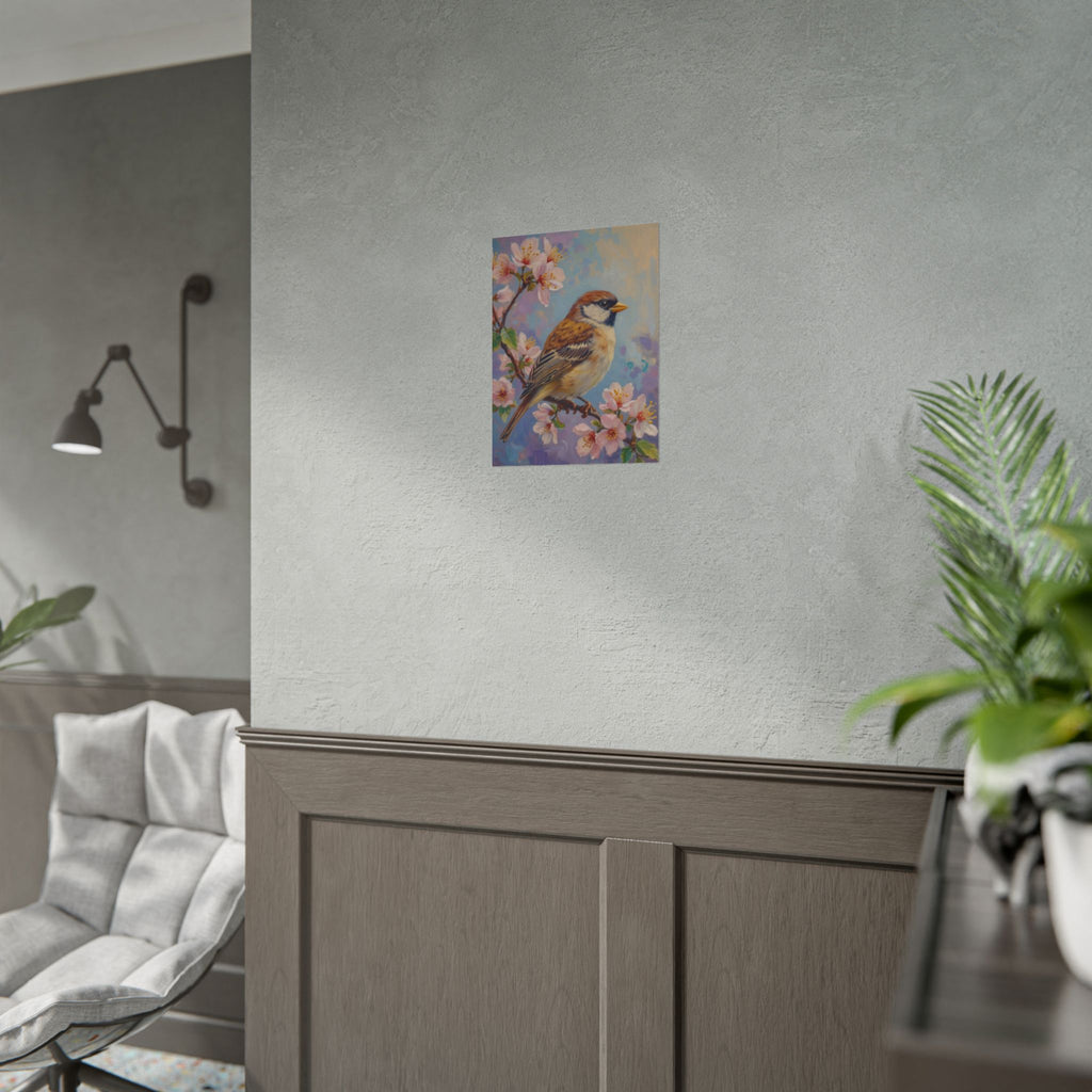 Bird on Blossom Rolled Poster — Spring Sparrow on Branch Wall Art Print