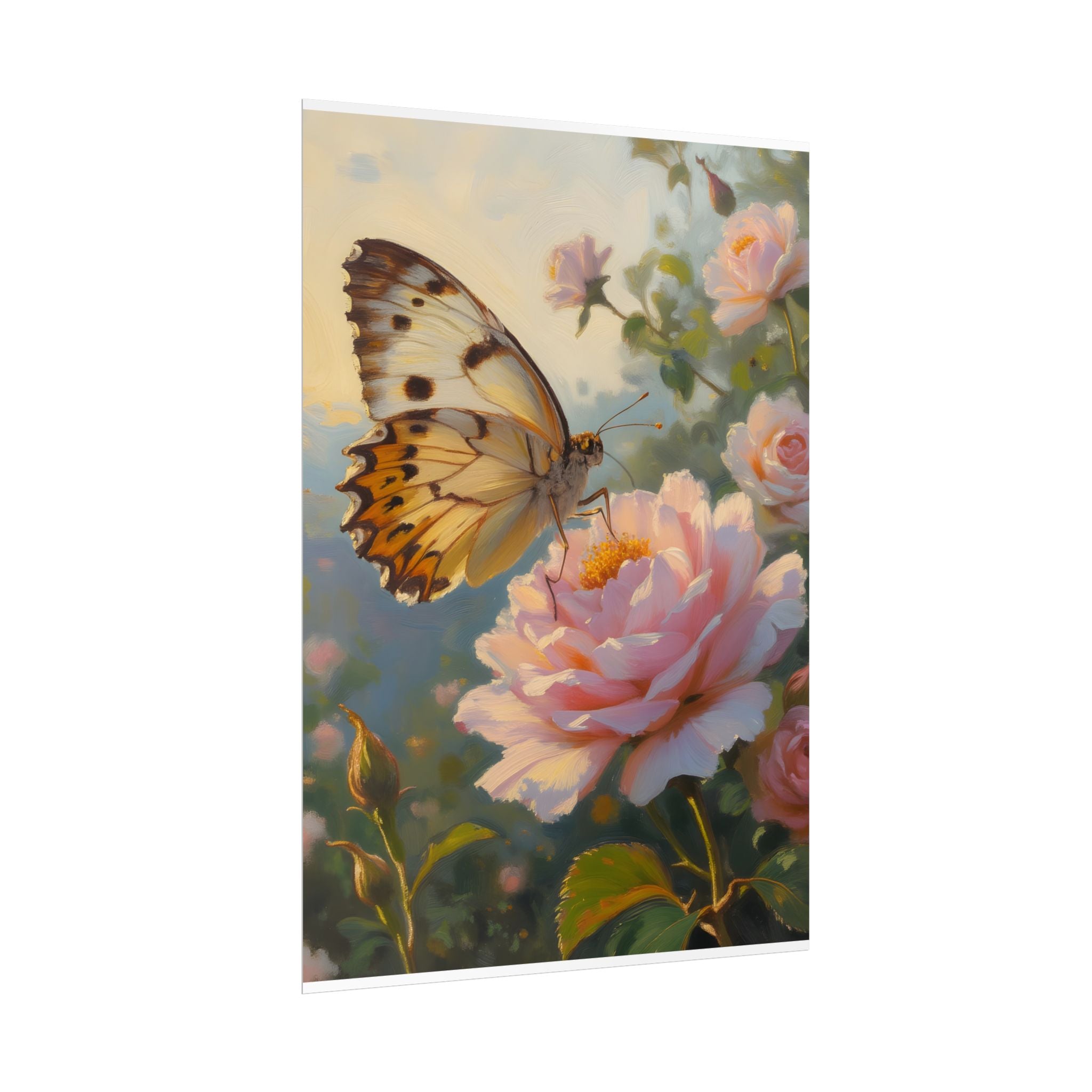 Butterfly on Pink Rose Wall Art - Poster
