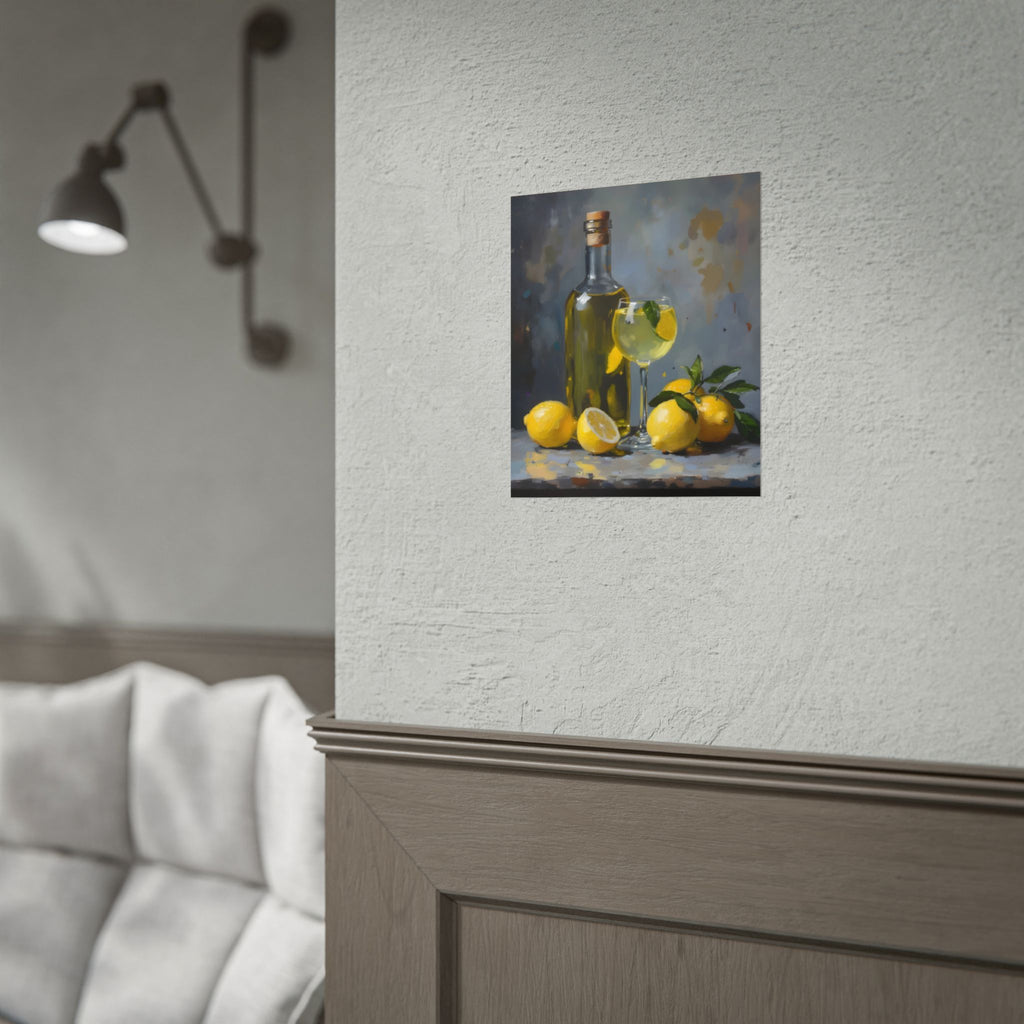 Limoncello with lemons Still Life Rolled Poster – Citrus Bottle Art Print