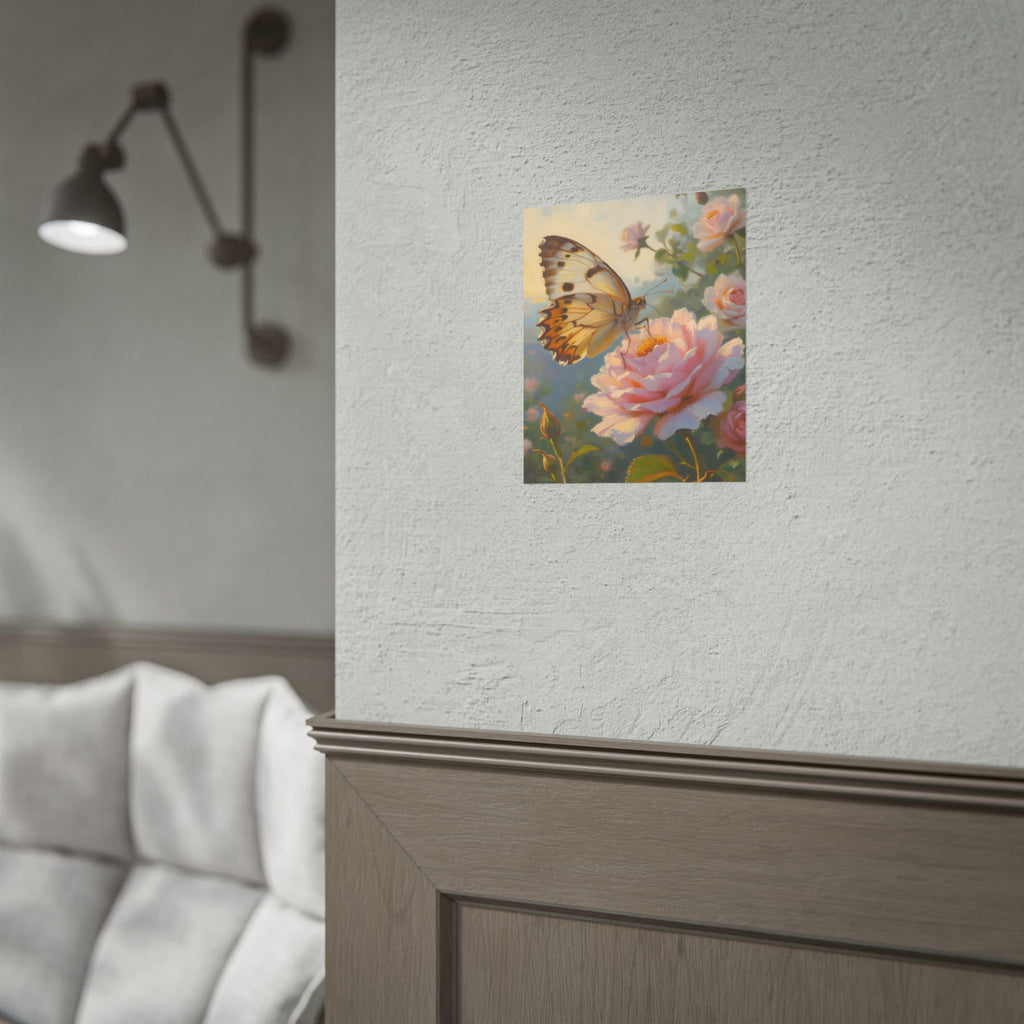 Butterfly on Pink Rose Wall Art - Poster