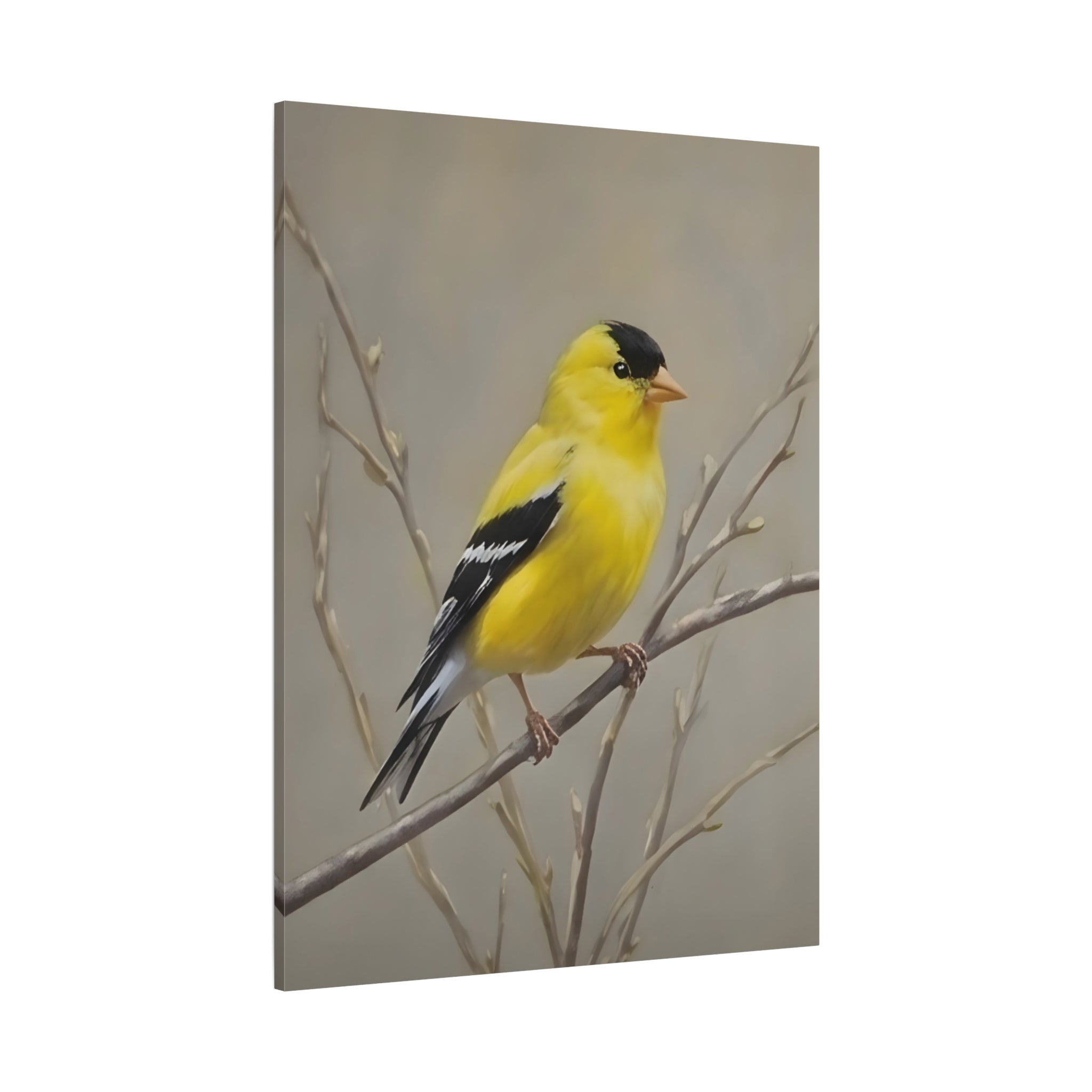 Goldfinch Wall Art Canvas — Yellow Songbird Painting on Branch, Matte Stretched Canvas