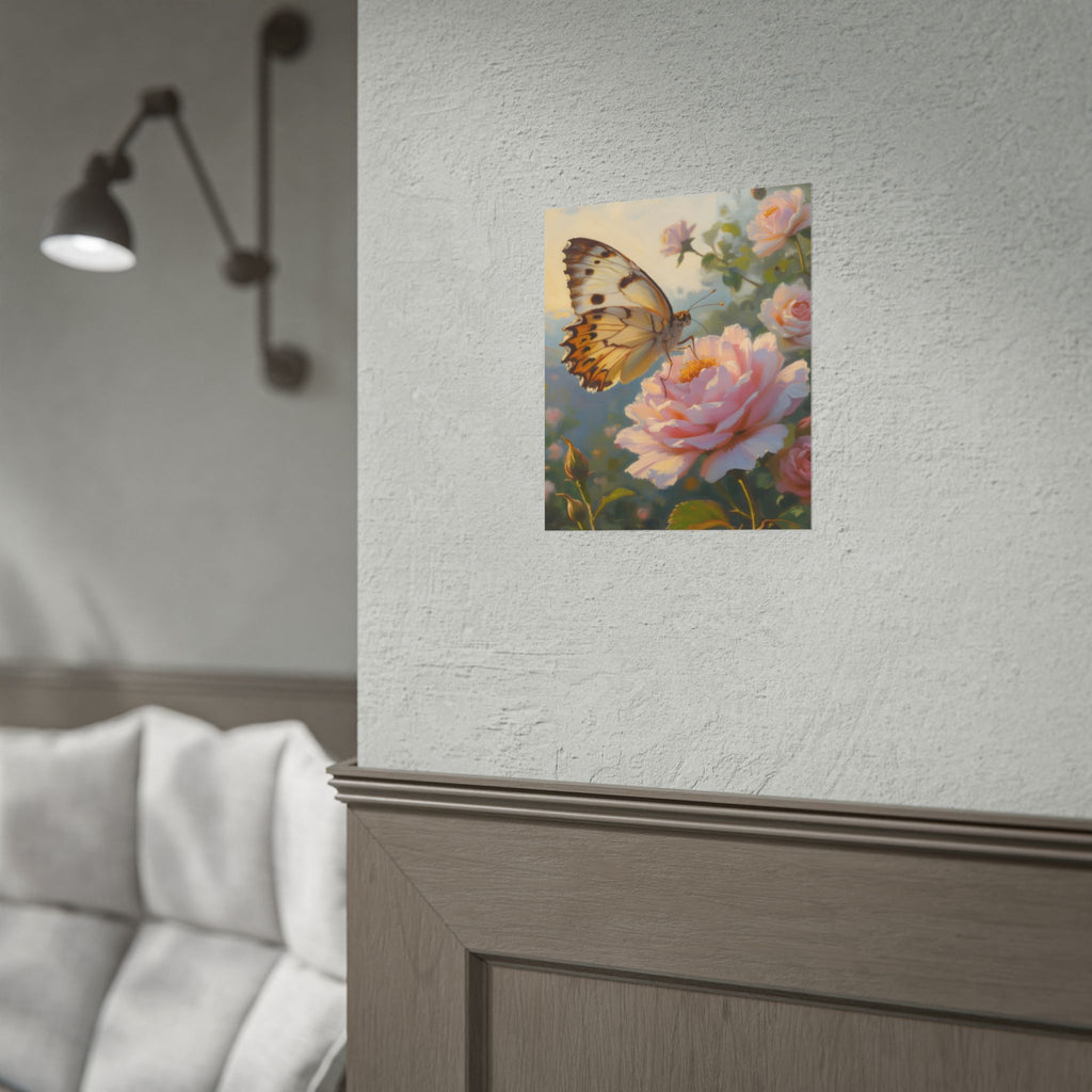 Butterfly on Pink Rose Wall Art - Poster
