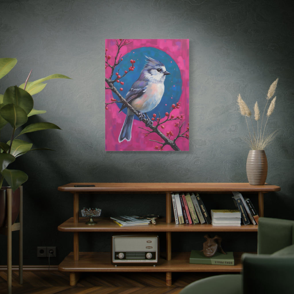 Blue jay on a holly branch Wall Art - Stretched Canvas